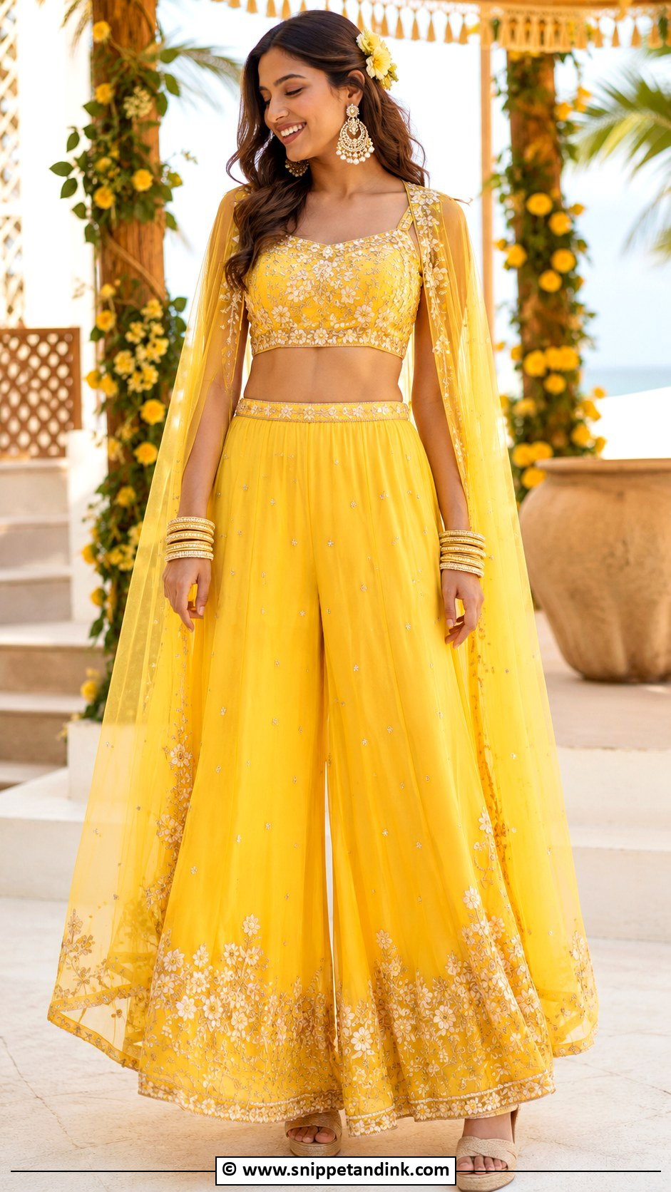 Yellow Crop Top and Palazzo Set for Haldi - Snippet and Ink - 30 Haldi Dress Ideas for Sisters