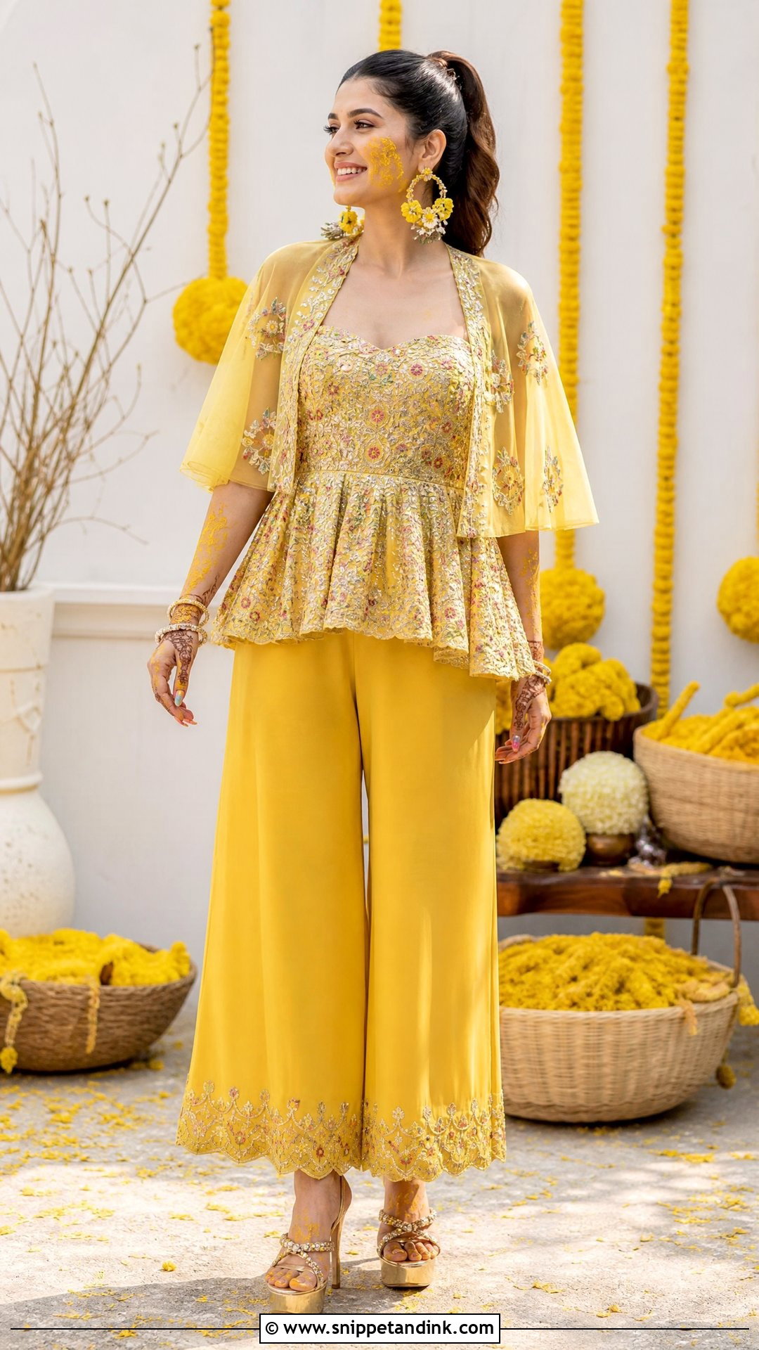 Yellow Culottes With Embroidered Top - Snippet and Ink - 20 Western Pithi Outfit Brides Ideas