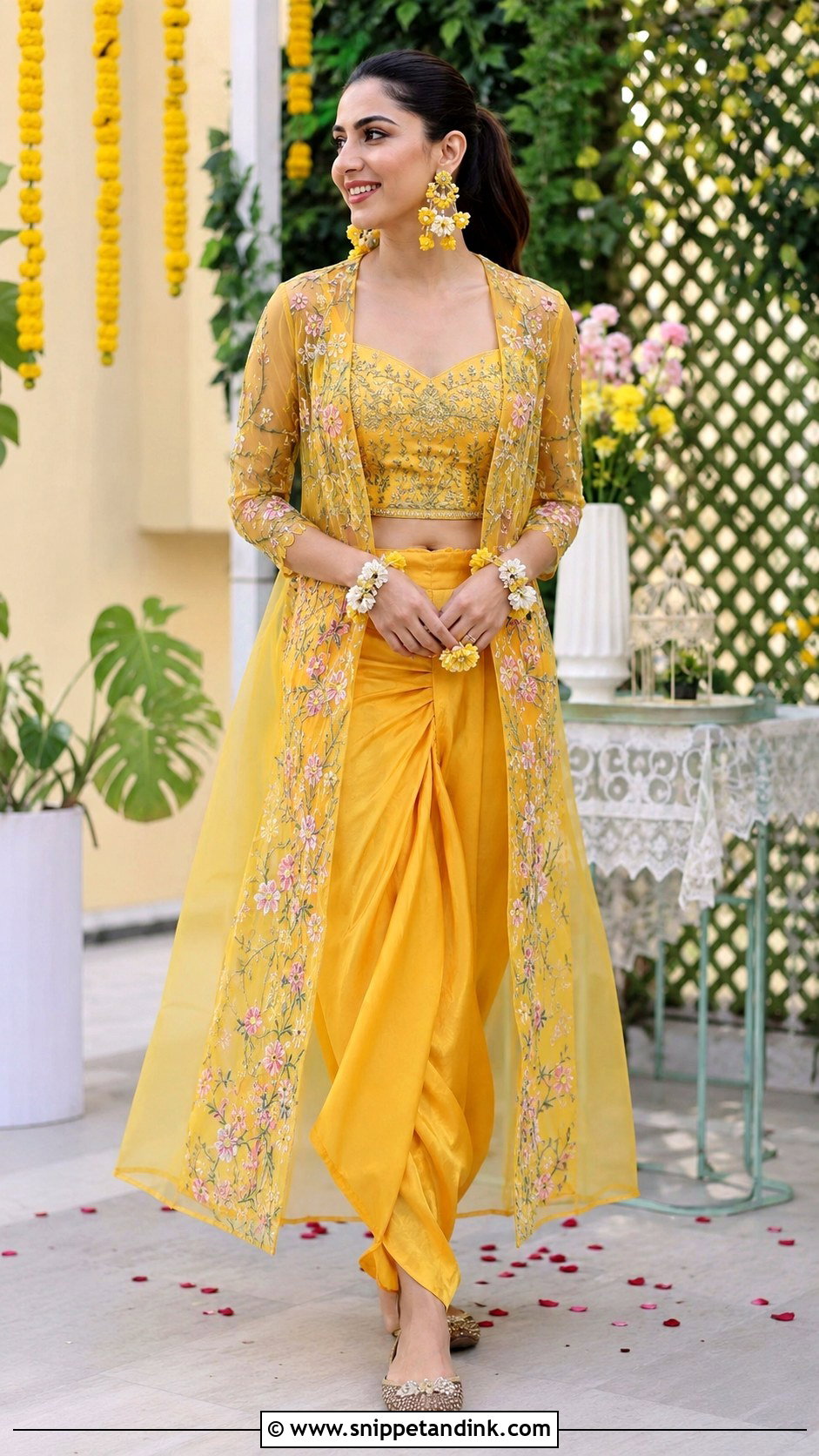 Yellow Dhoti Pant and Cape Set for Haldi - Snippet and Ink - 20 Haldi Theme Dress Ideas