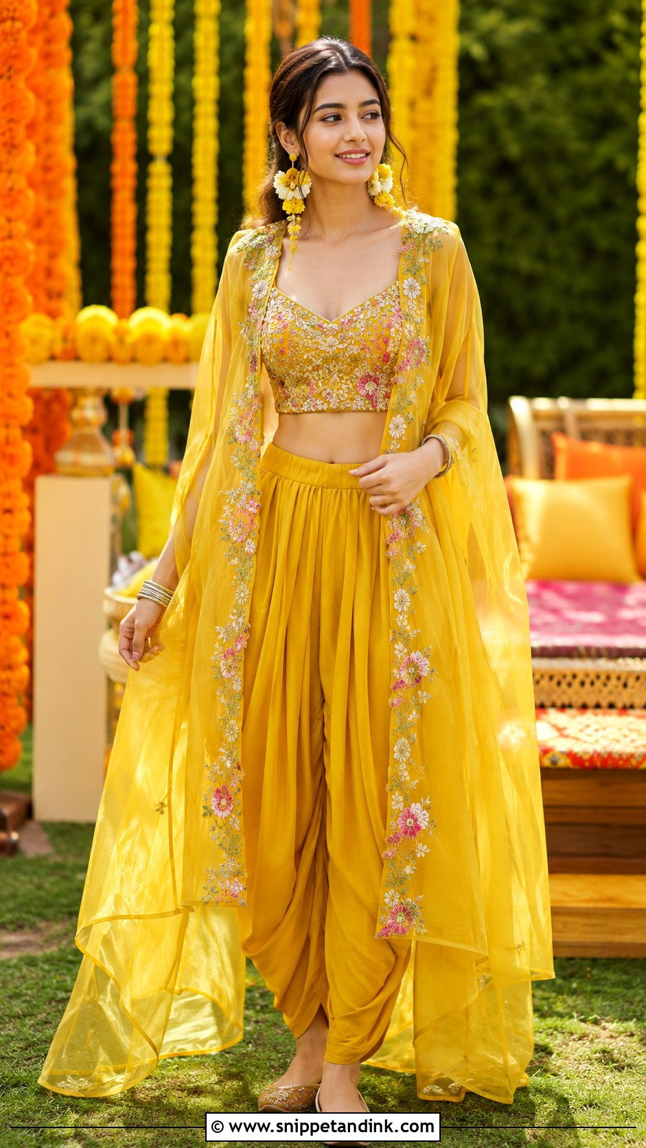 Yellow Dhoti Pants And Cape Haldi Outfit - Snippet and Ink - 20 Indowestern Haldi Ceremony Outfit Ideas