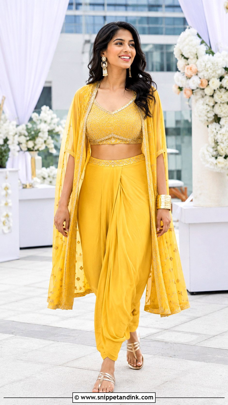 Yellow Dhoti Pants And Cape Haldi Outfit - Snippet and Ink - 20 Haldi Outfits Ideas