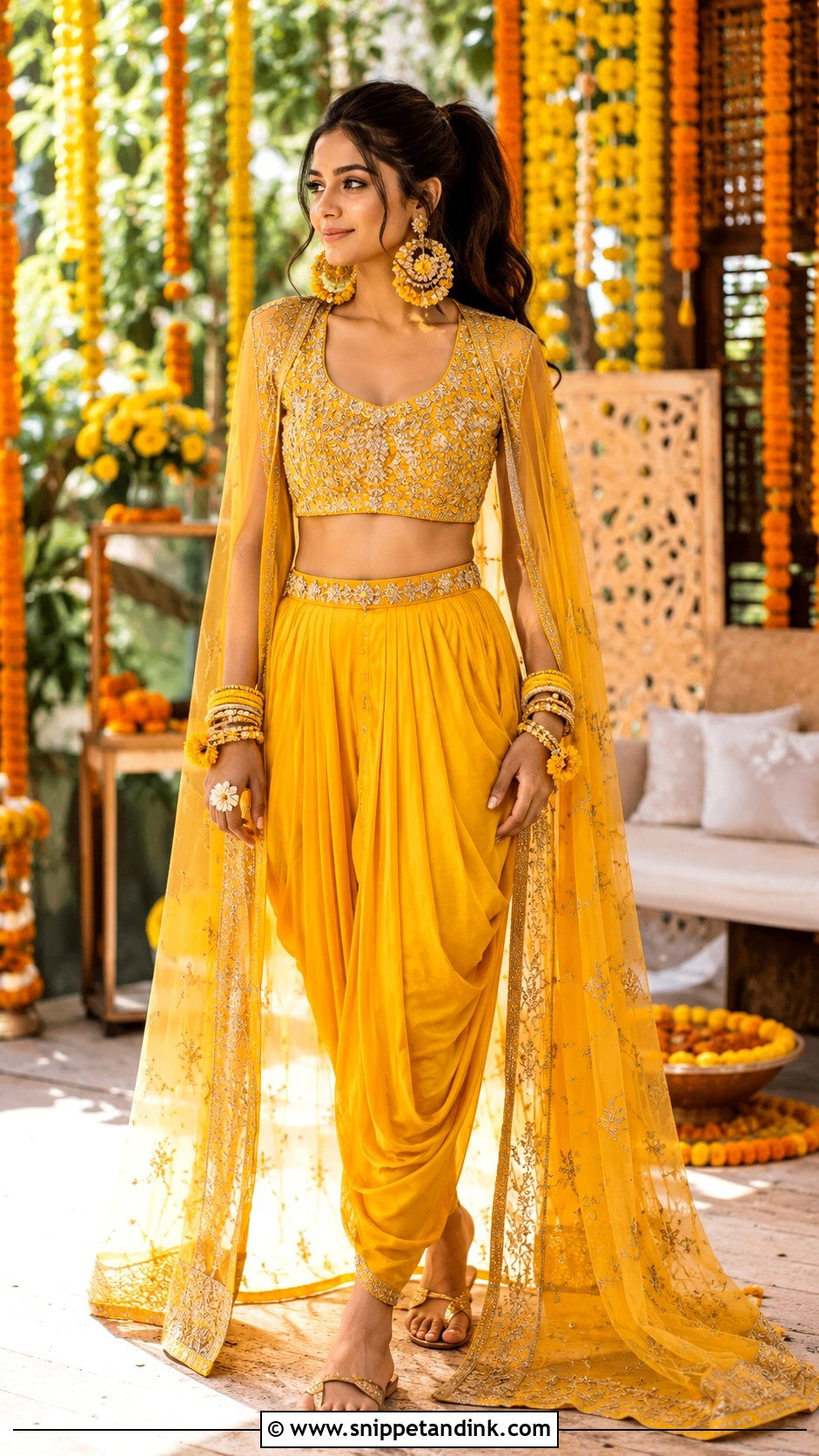 Yellow Dhoti Pants Haldi Outfit - Snippet and Ink - 20 Indian Bride Haldi Outfit Ideas