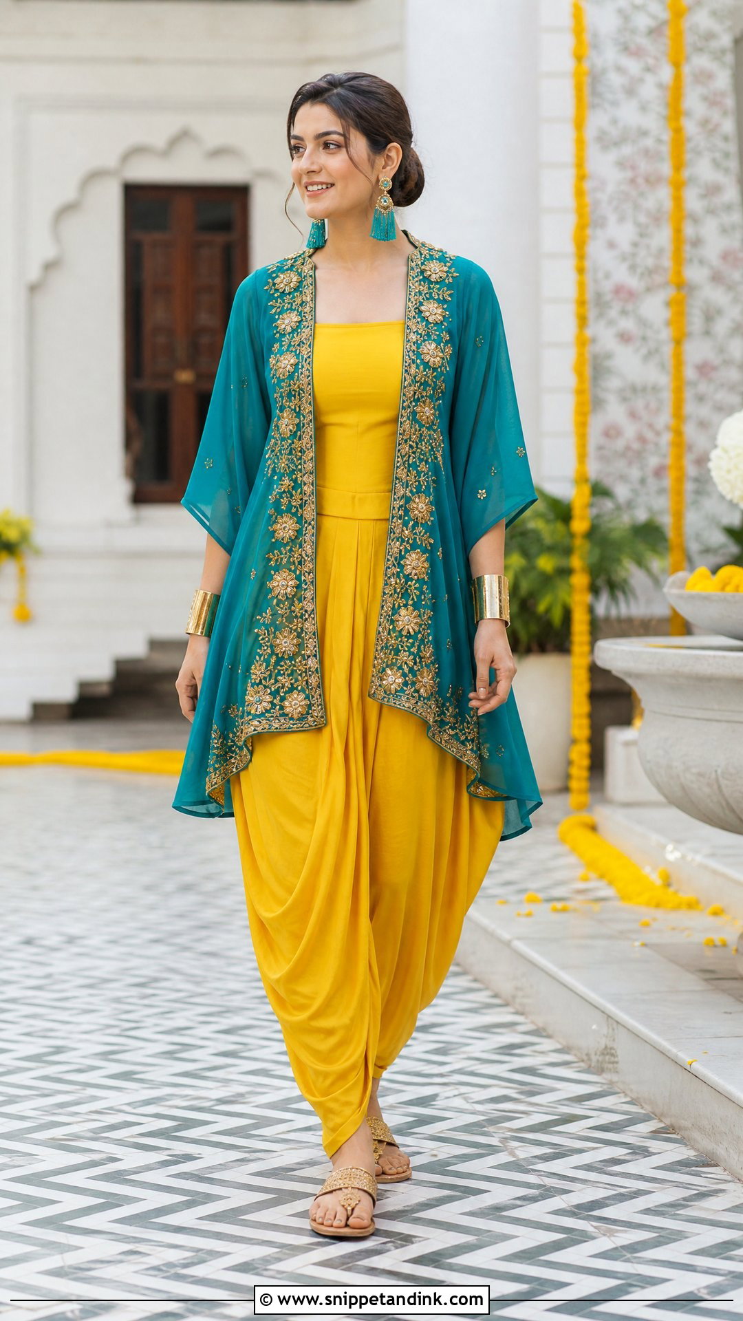 Yellow Dhoti Pants With Teal Cape - Snippet and Ink - 20 Yellow Contrast Color Dress for Haldi Ideas