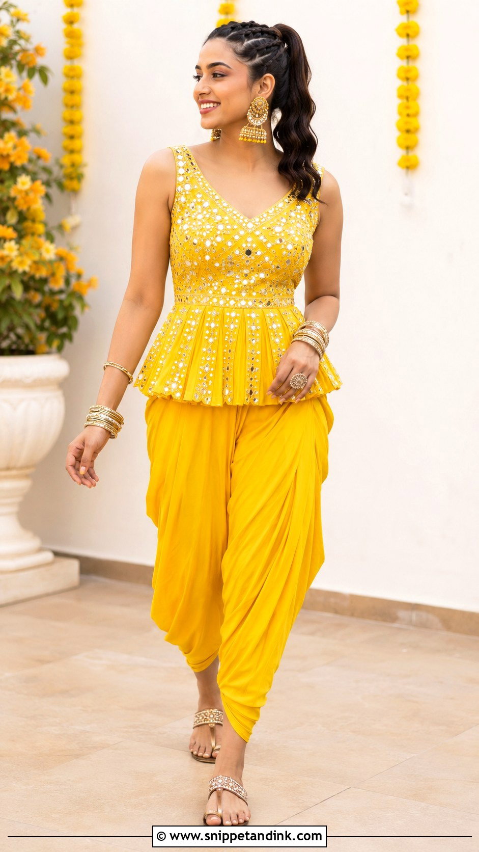 Yellow Dhoti Pants and Peplum Top - Snippet and Ink - 20 Yellow Haldi Ceremony Outfit for Sister Ideas