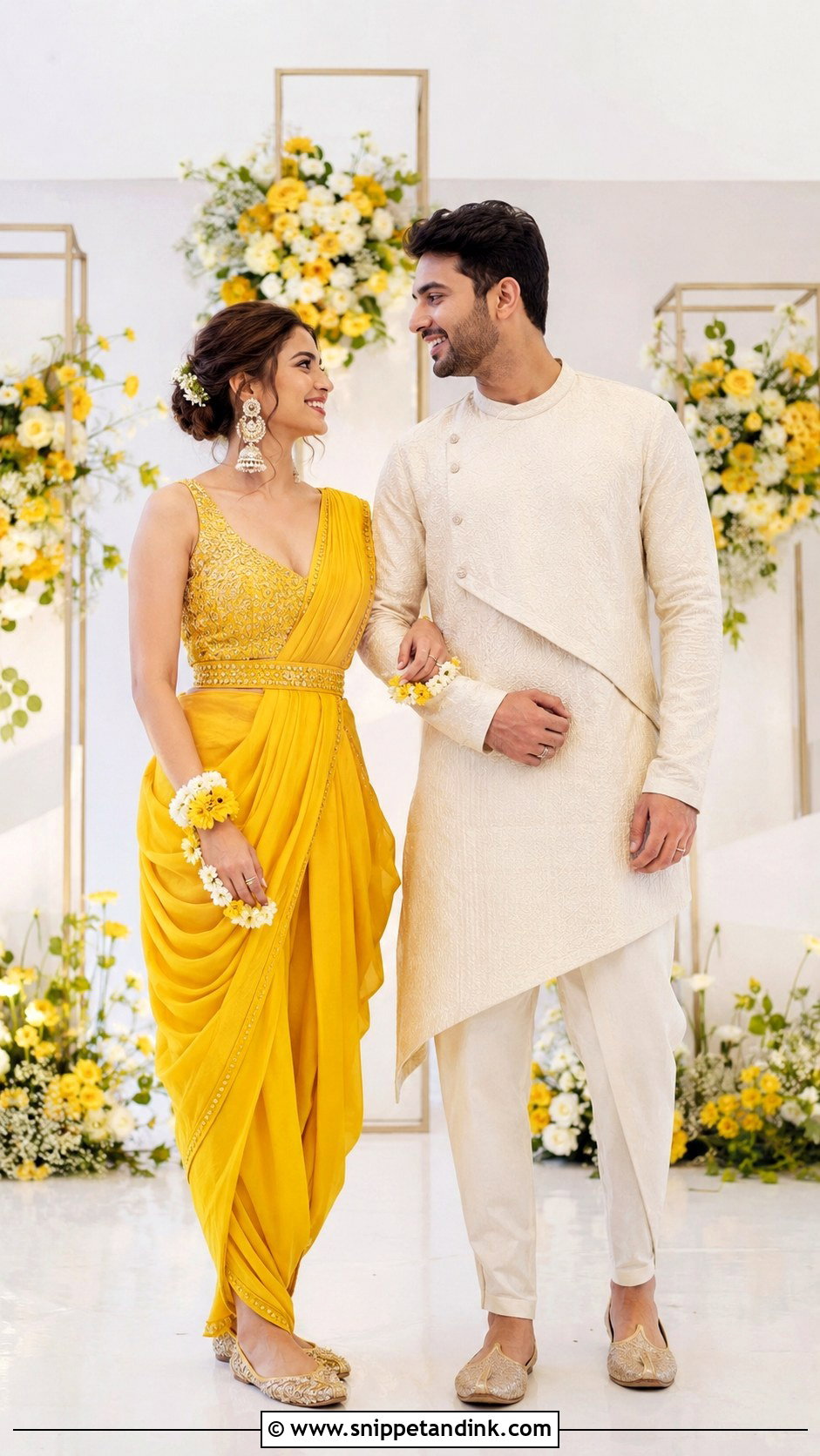 Yellow Dhoti Saree And Kurta Haldi Outfits - Snippet and Ink - 20 Haldi Outfits for Couple