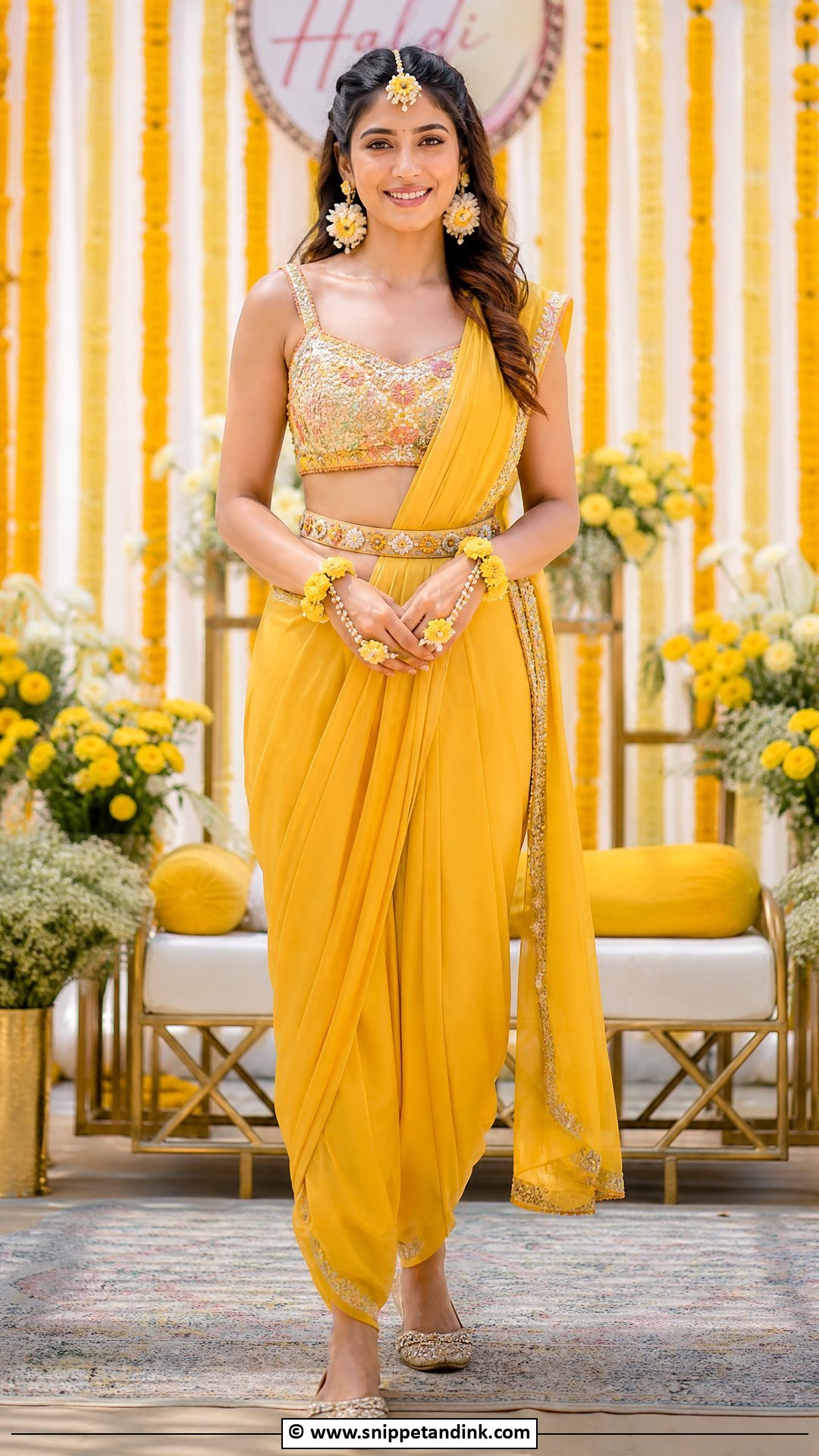 Yellow Dhoti Saree For Haldi Ceremony - Snippet and Ink - 35 Haldi Ceremony Outfit for Bride Ideas