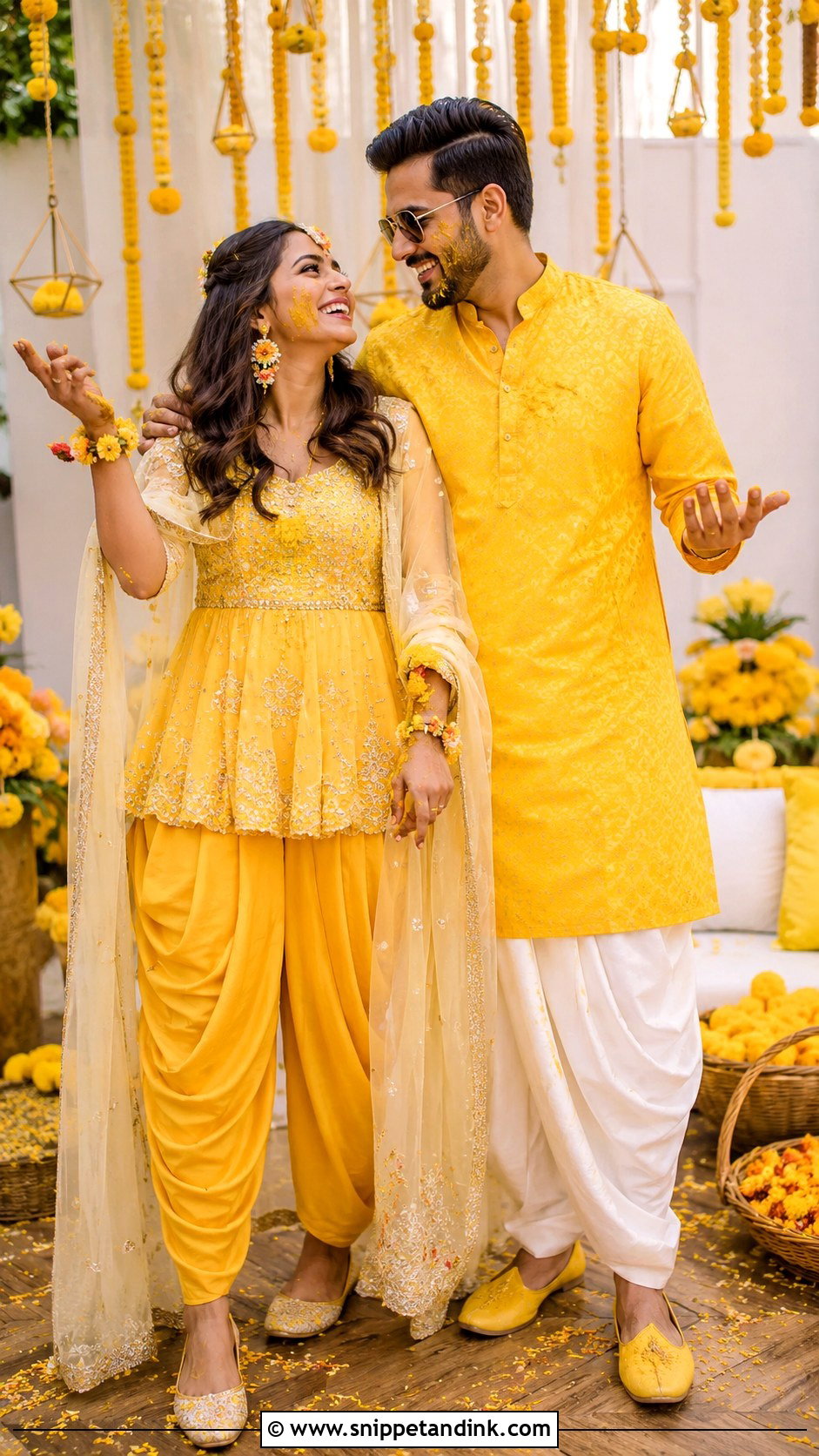 Yellow Dhoti Set And Yellow Kurta Haldi Couple Outfit - Snippet and Ink - 25 Haldi Couple Outfits