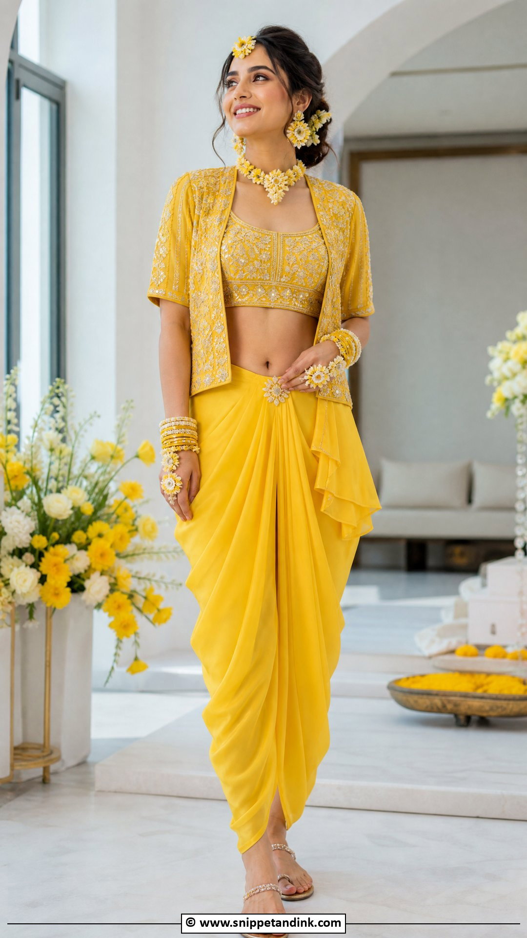 Yellow Dhoti Set For Haldi Bride - Snippet and Ink - 35 Haldi Outfit for Bride Ideas