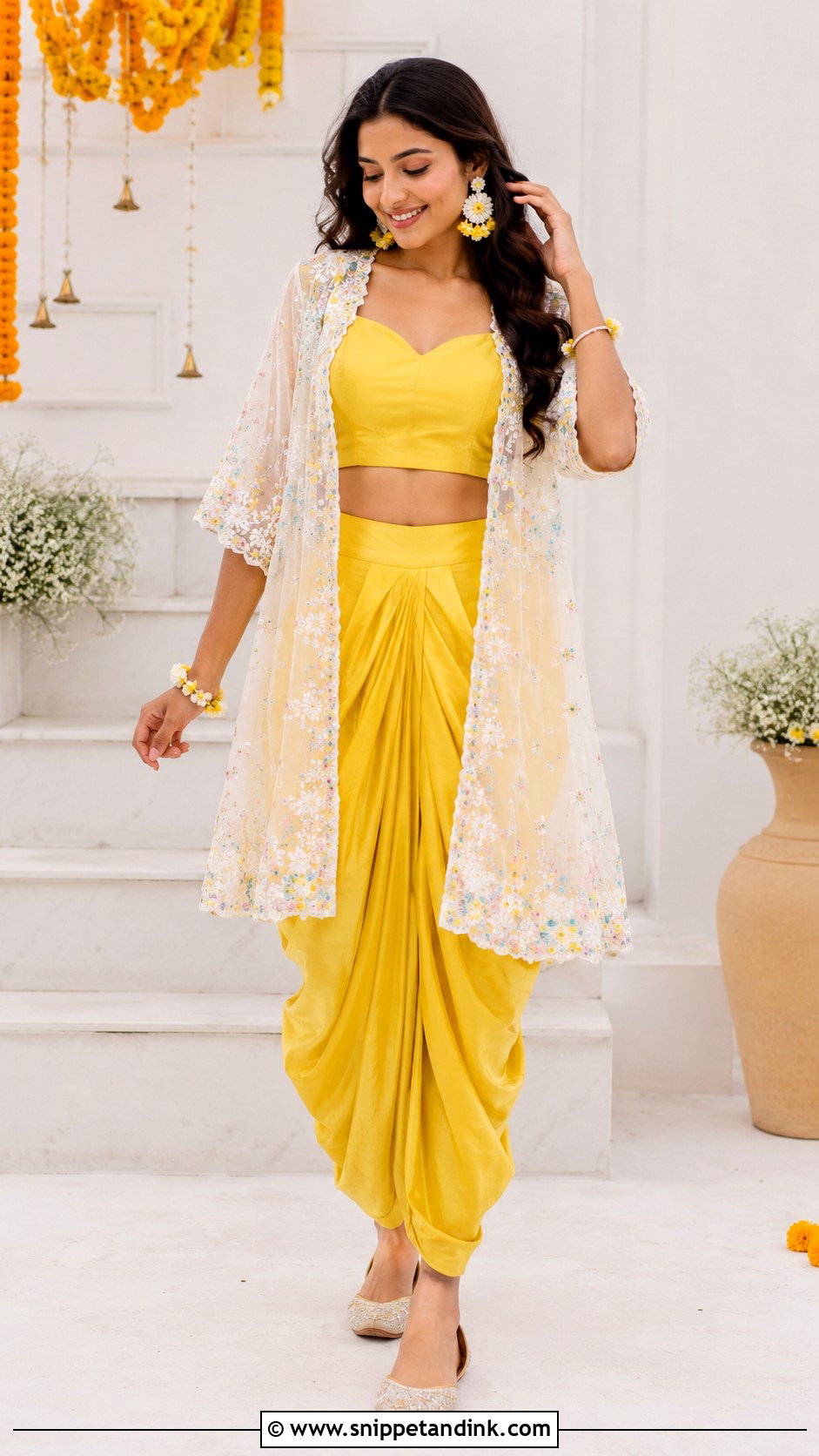 Yellow Dhoti Set With White Cape - Snippet and Ink - 20 White and Yellow Haldi Outfit Ideas
