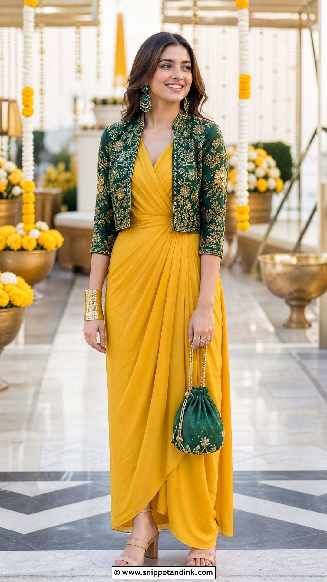 Yellow Draped Dress With Emerald Jacket - Snippet and Ink - 20 Yellow Contrast Color Dress for Haldi Ideas