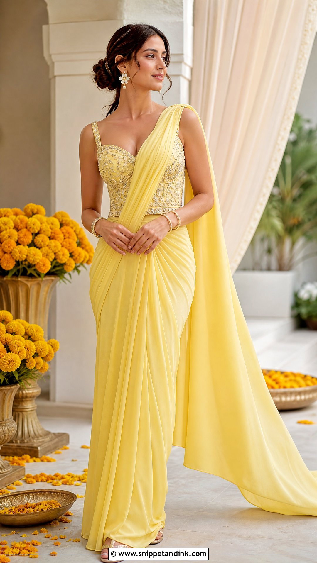Yellow Draped Saree Gown - Snippet and Ink - 20 Western Pithi Outfit Brides Ideas