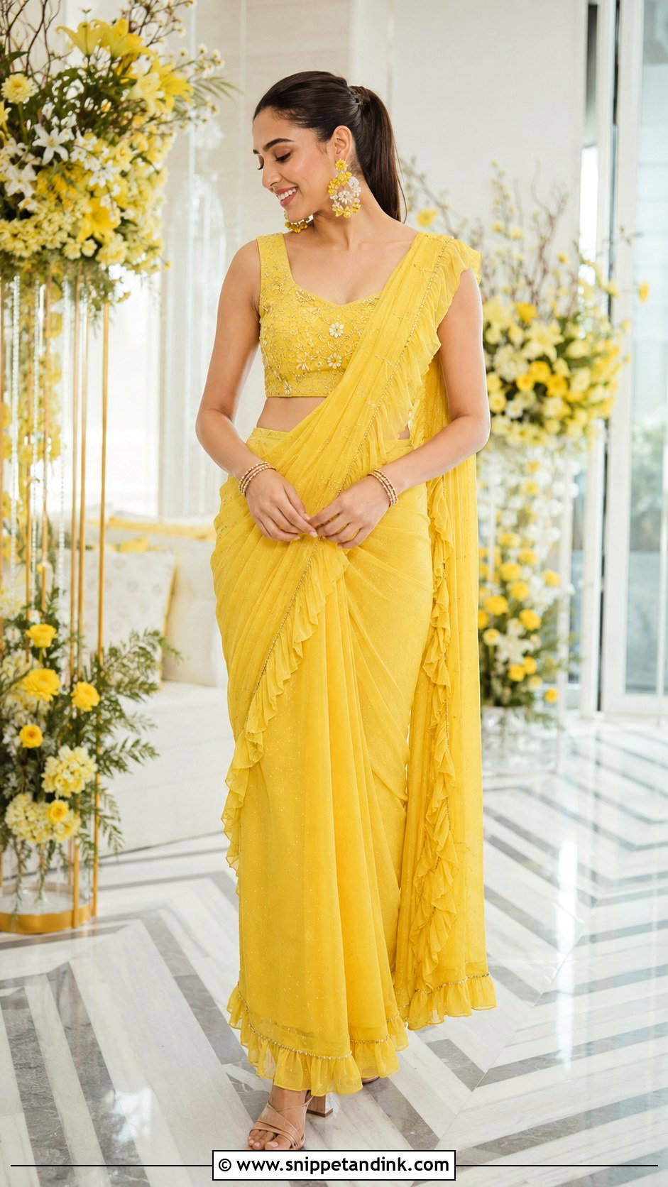 Yellow Draped Saree Haldi Outfit - Snippet and Ink - 20 Bride Haldi Dress Ideas