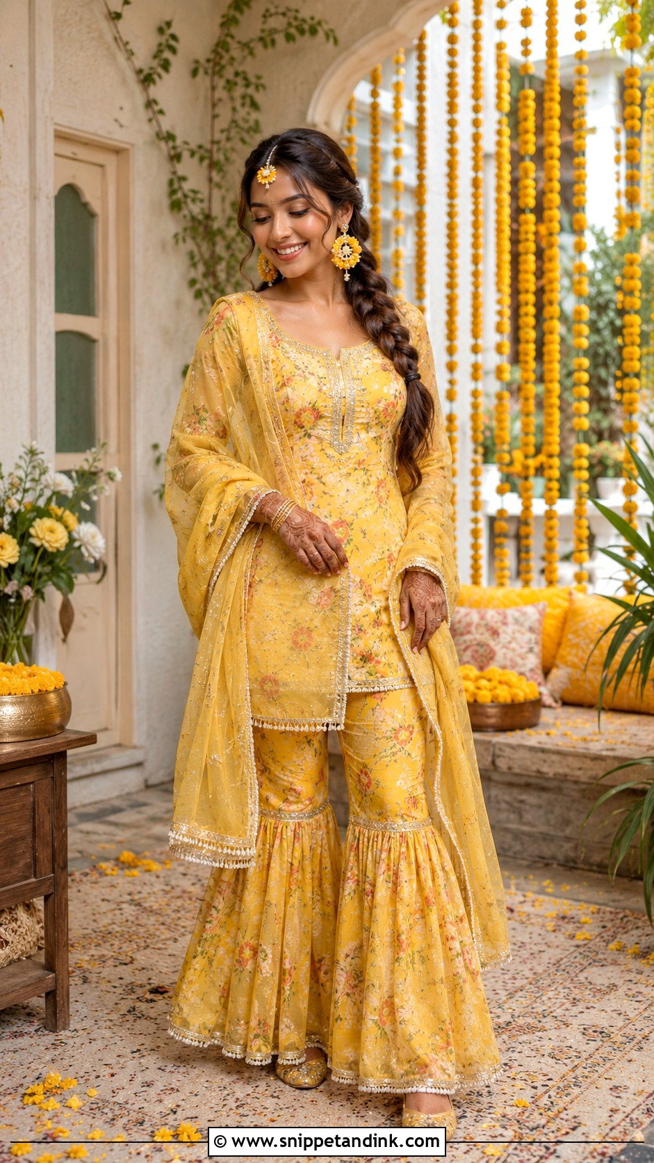 Yellow Floral Gharara Haldi Bride Outfit - Snippet and Ink - 20 Haldi Mehndi Outfit for Bride Ideas