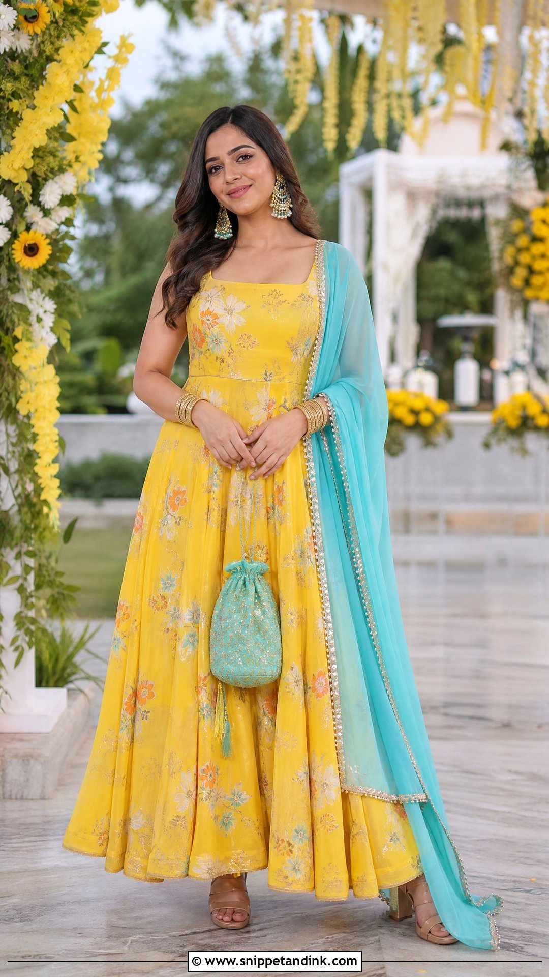 Yellow Floral Gown With Turquoise Dupatta - Snippet and Ink - 20 Yellow Contrast Color Dress for Haldi Ideas