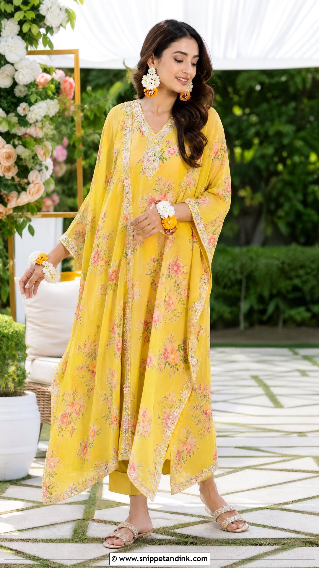 Yellow Floral Kaftan Mayoon Outfit - Snippet and Ink - 20 Pakistani Mayoon Outfits