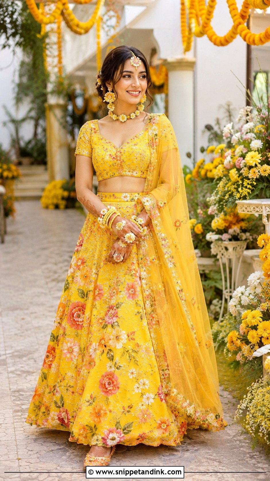 Yellow Floral Lehenga For Haldi - Snippet and Ink - 20 Indian Pre Wedding Dress Ideas