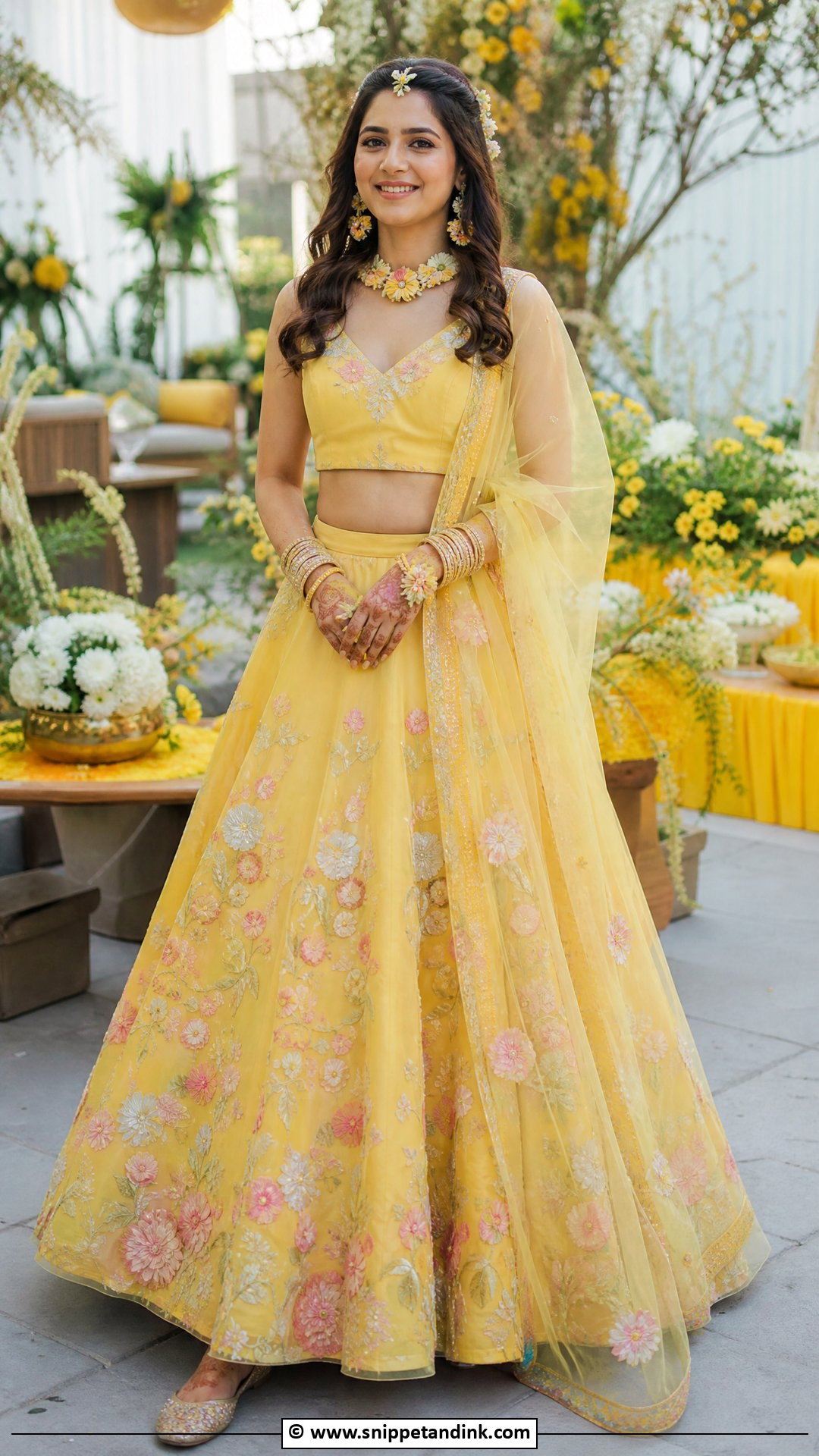 Yellow Floral Lehenga For Haldi Bride - Snippet and Ink - 35 Haldi Outfit for Bride Ideas