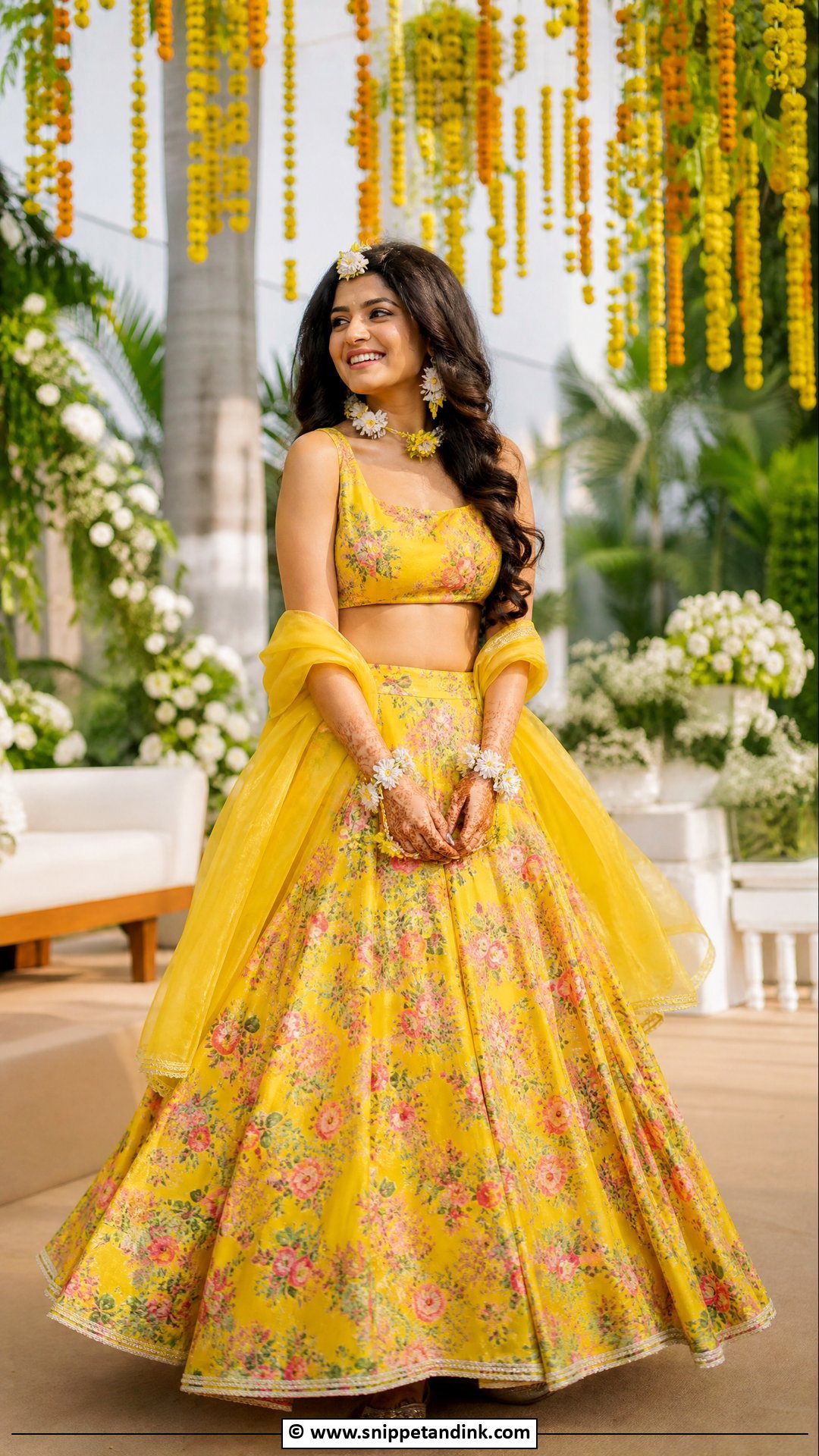 Yellow Floral Lehenga For Haldi Ceremony - Snippet and Ink - 35 Haldi Ceremony Outfit for Bride Ideas