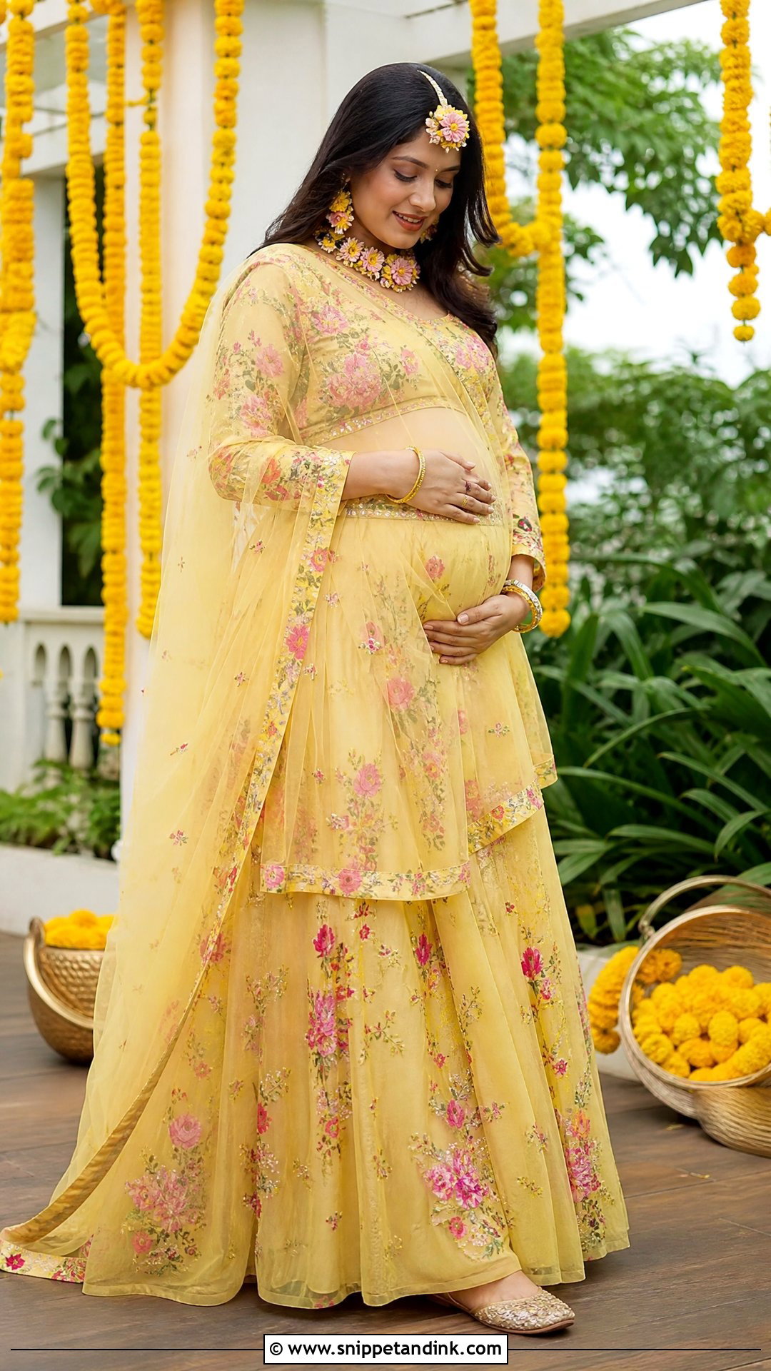 Yellow Floral Lehenga Godbharai Look - Snippet and Ink - 25 Godbharai Look Ideas