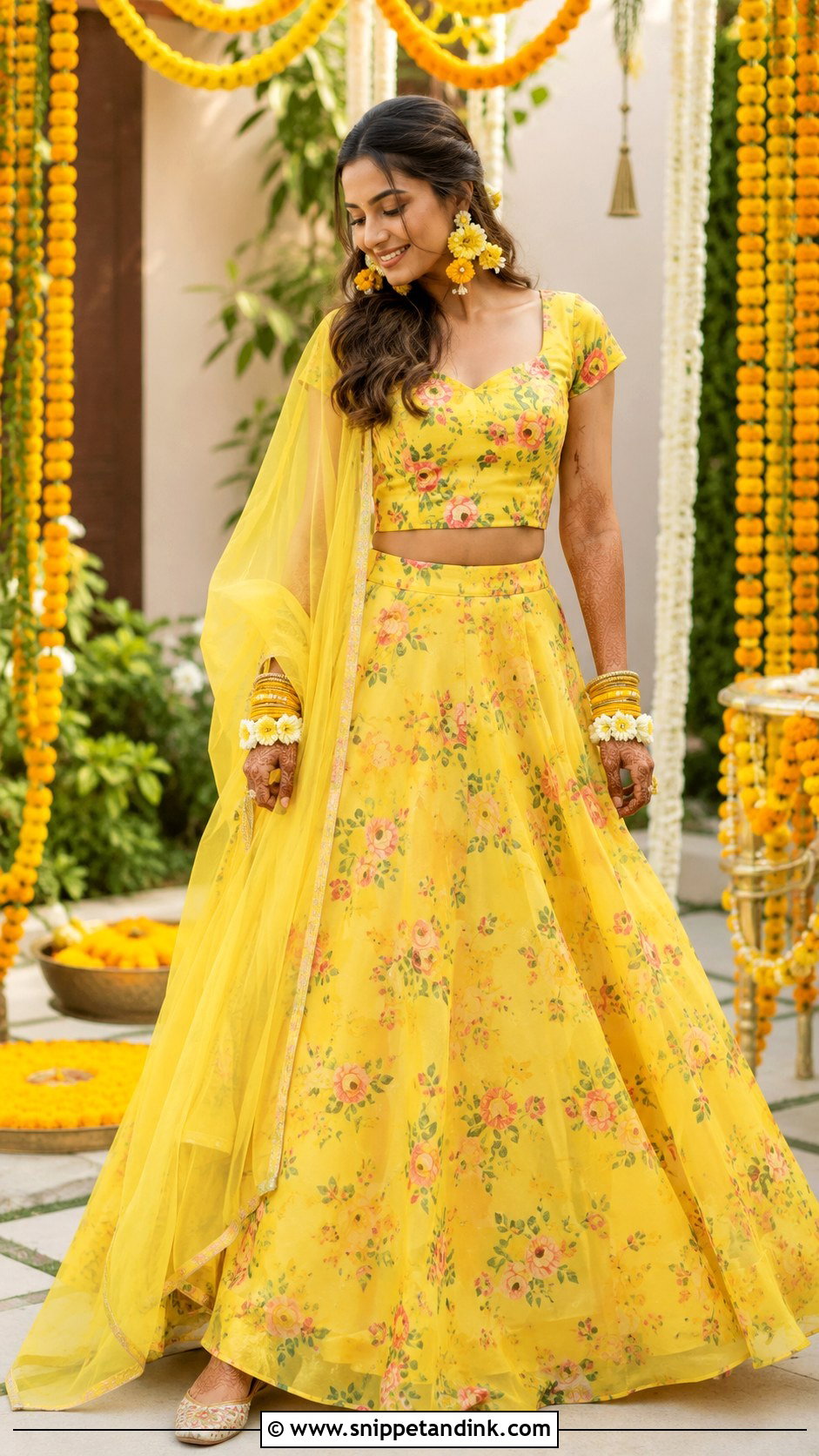 Yellow Floral Lehenga Haldi Bride Outfit - Snippet and Ink - 20 Haldi Mehndi Outfit for Bride Ideas