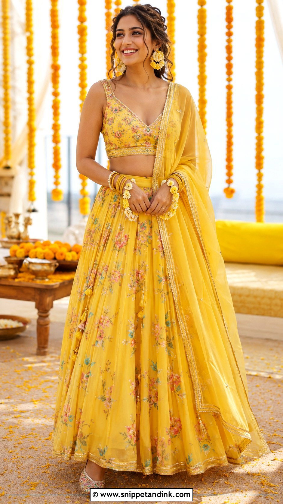 Yellow Floral Lehenga Haldi Outfit - Snippet and Ink - 20 Colourful Haldi Outfit Ideas