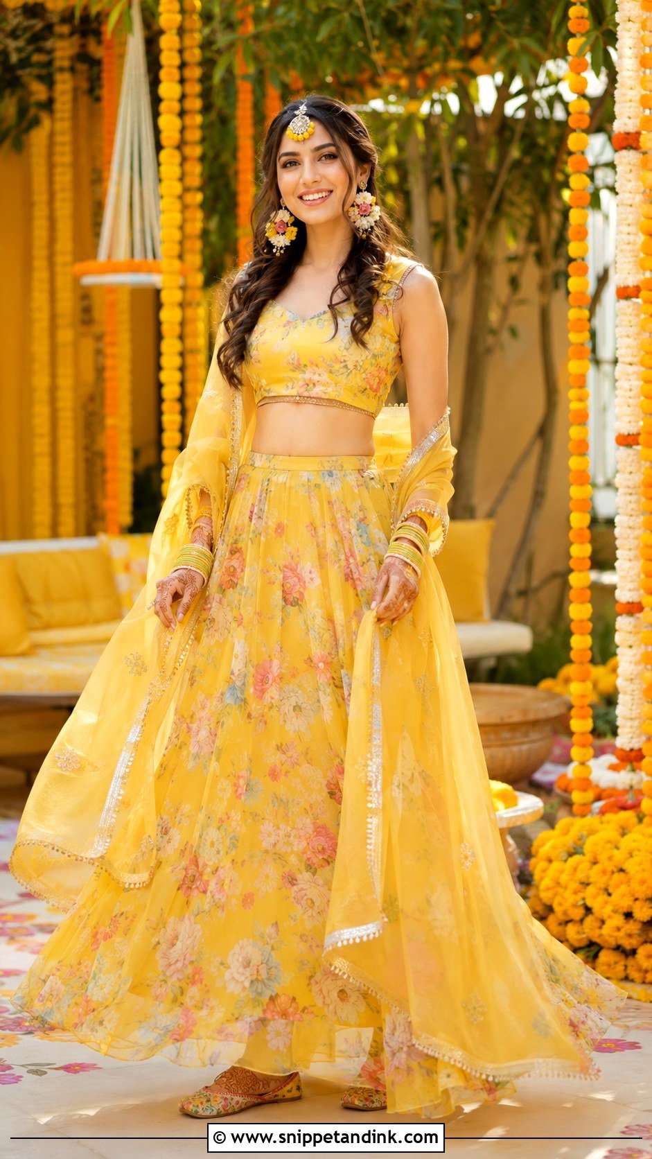 Yellow Floral Lehenga Haldi Outfit - Snippet and Ink - 20 Haldi Inspo Outfit Ideas