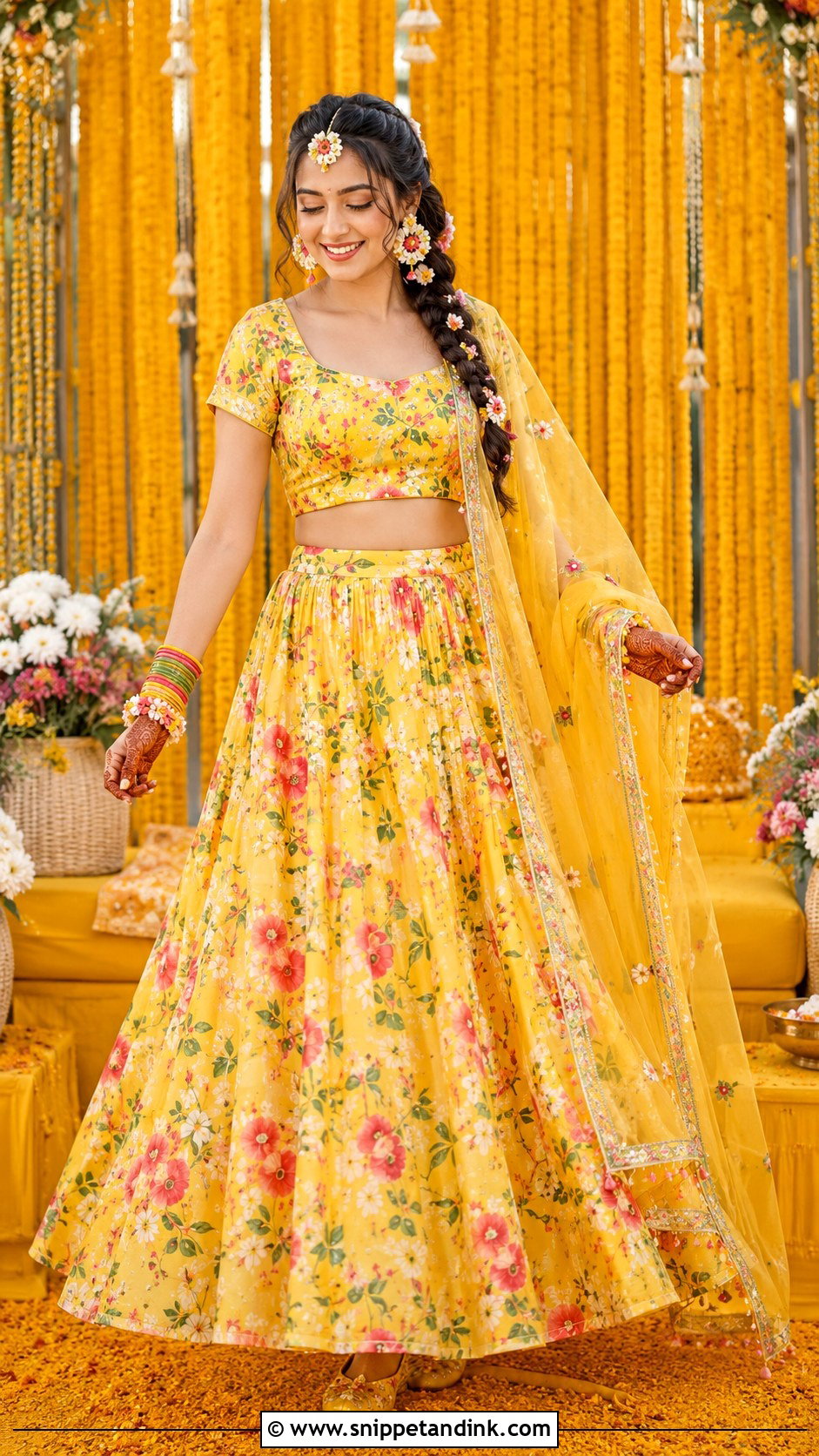 Yellow Floral Lehenga Haldi Outfit - Snippet and Ink - 20 Floral Haldi Outfit Ideas