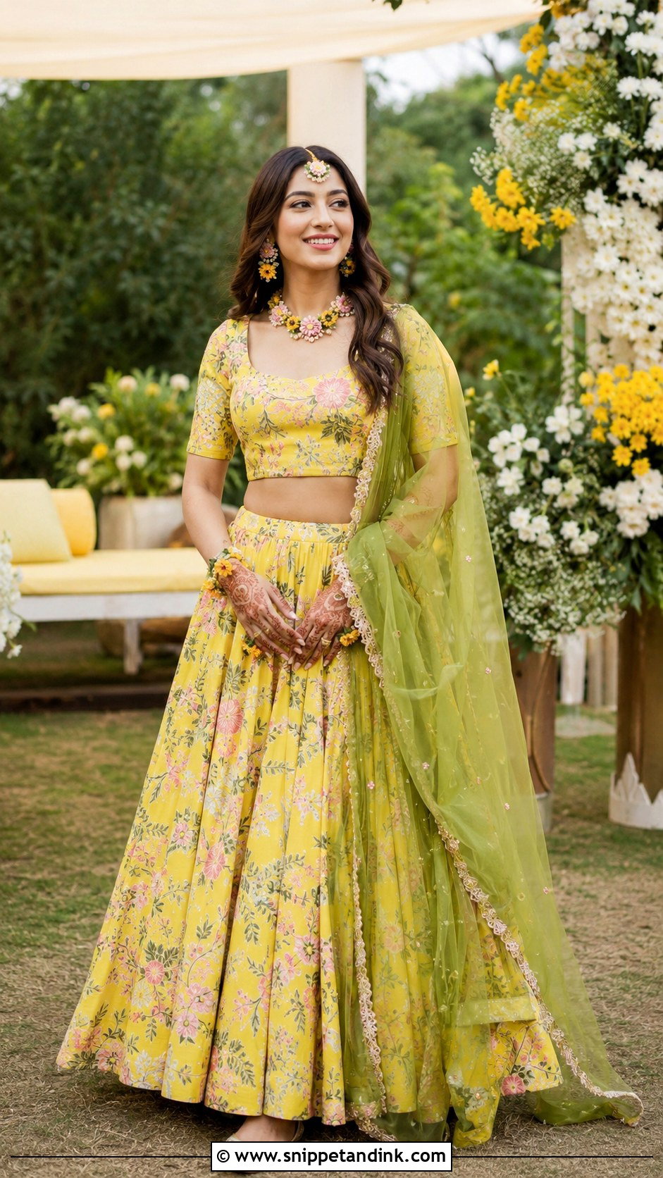 Yellow Floral Lehenga Mehndi Dress - Snippet and Ink - 20 Mehndi Dress for Bridal Ideas
