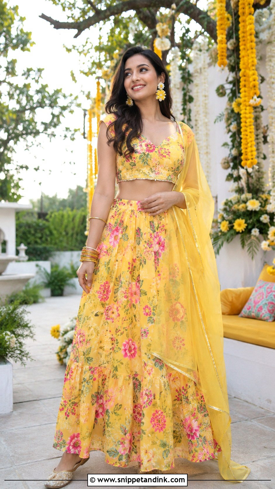 Yellow Floral Lehenga Mehndi Outfit - Snippet and Ink - 20 Mehndi Day Outfits