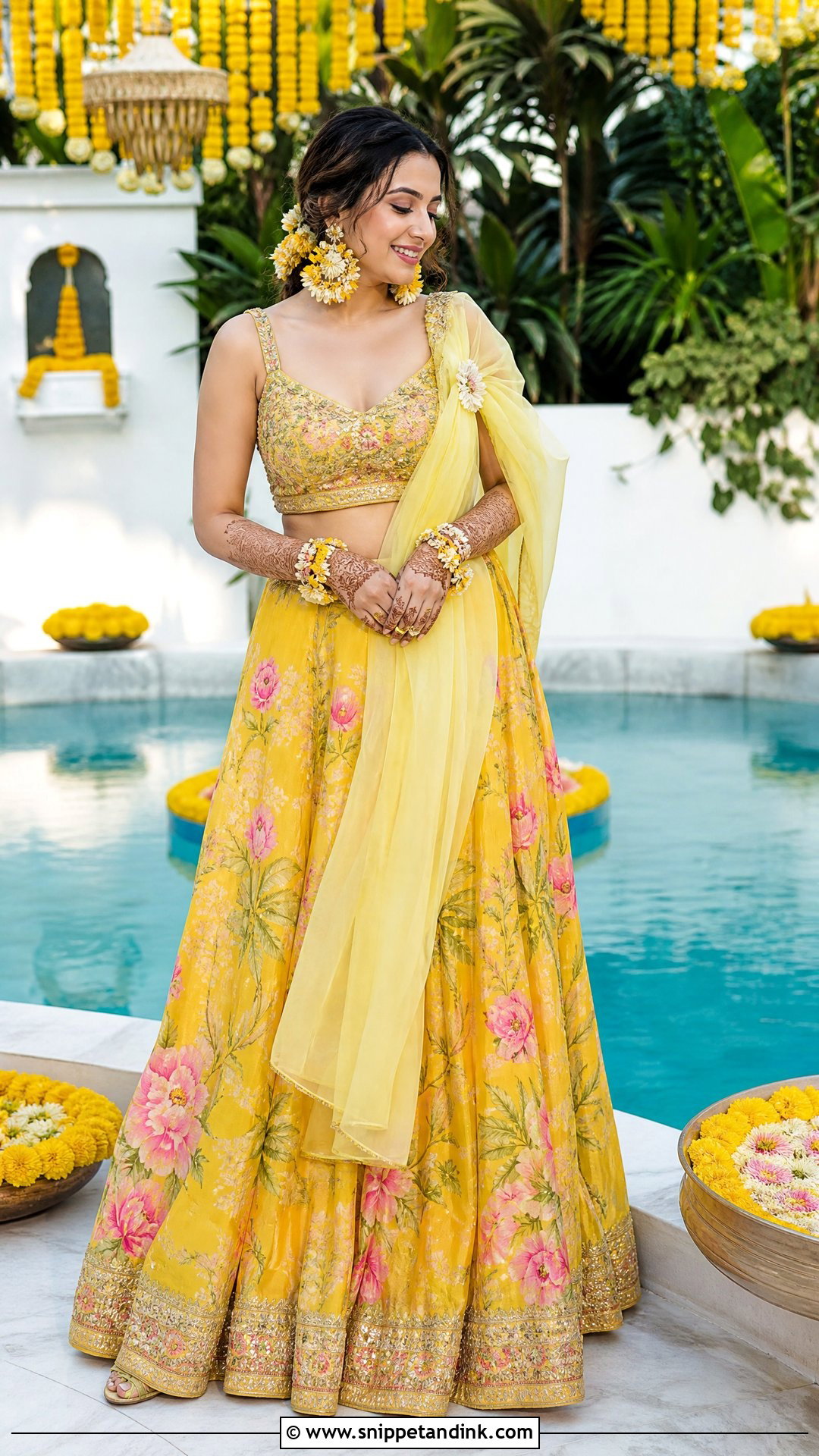 Yellow Floral Lehenga Poolside Haldi Outfit - Snippet and Ink - 20 Pool Side Haldi Outfits