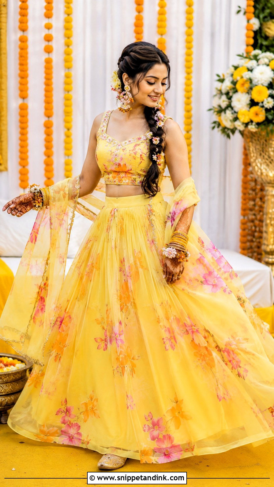 Yellow Floral Lehenga for Haldi Mehendi - Snippet and Ink - 20 Haldi Mehendi Outfit for Bride Ideas