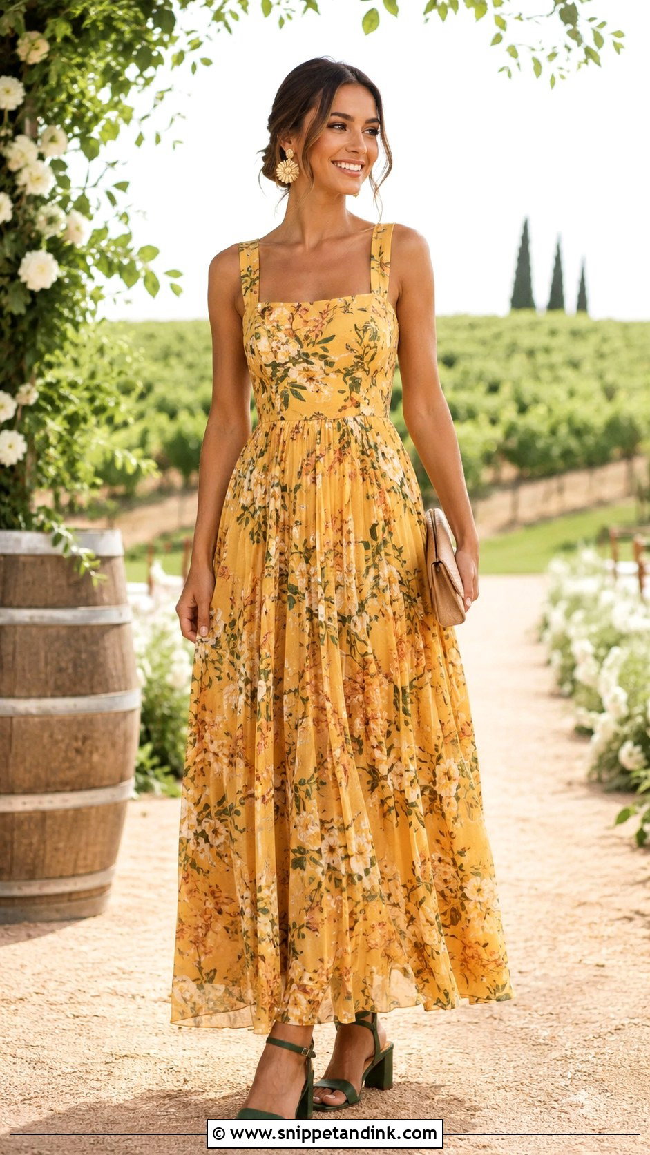 Yellow Floral Long Wedding Guest Dress With Green Heels - Snippet and Ink - 20 Long Dresses for Wedding