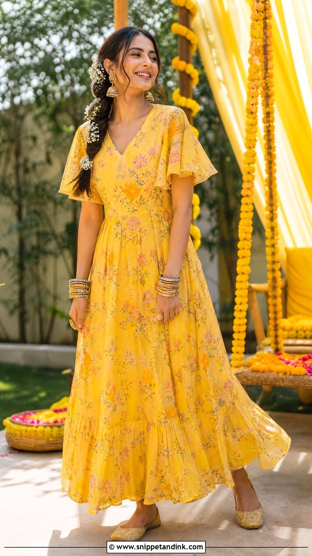 Yellow Floral Maxi Dress for Haldi Function - Snippet and Ink - 20 Yellow Dress for Haldi Function for Sister Ideas
