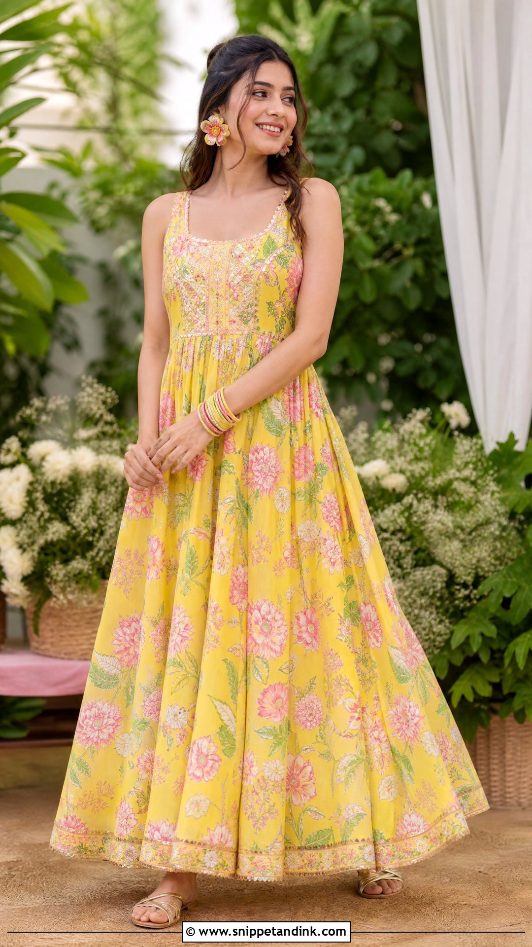 Yellow Floral Maxi Haldi Dress - Snippet and Ink - 20 Simple Haldi Dress Ideas for Sisters