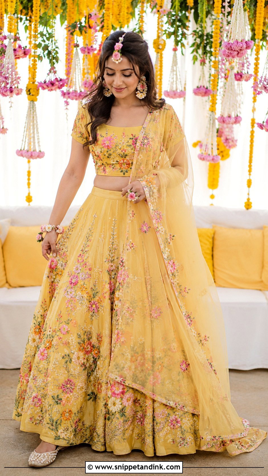 Yellow Floral Mehandi Night Lehenga - Snippet and Ink - 20 Mehandi Night Dress for Bride Ideas