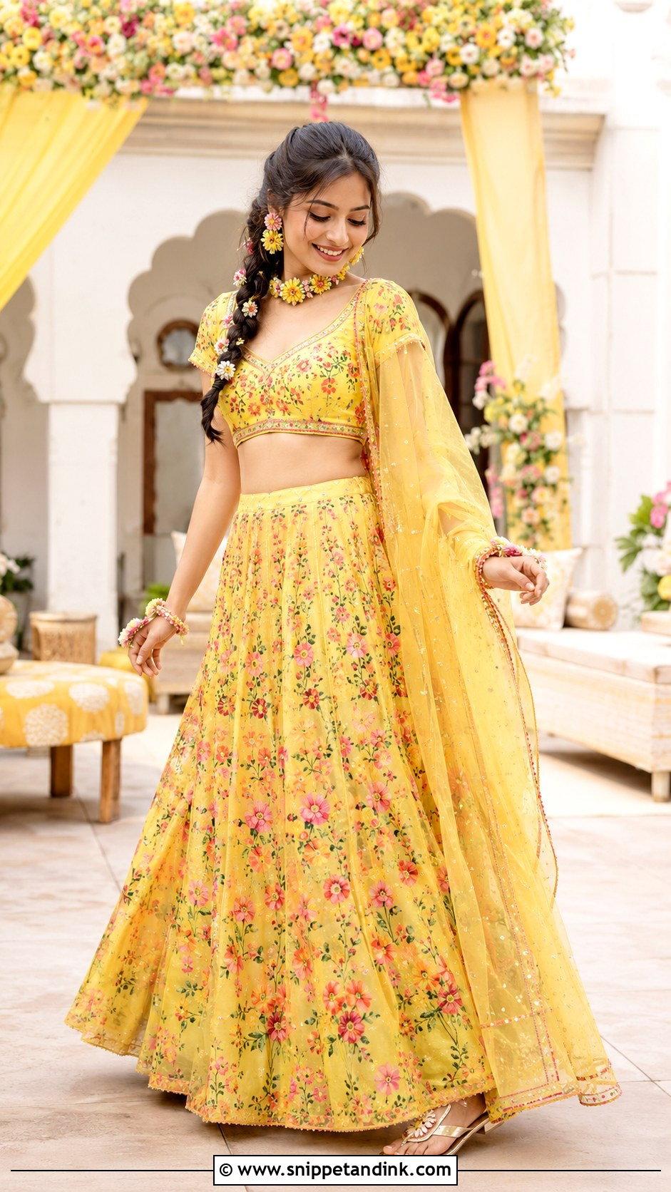 Yellow Floral Mehendi Lehenga Outfit - Snippet and Ink - 20 Mehendi Dress Outfits Brides