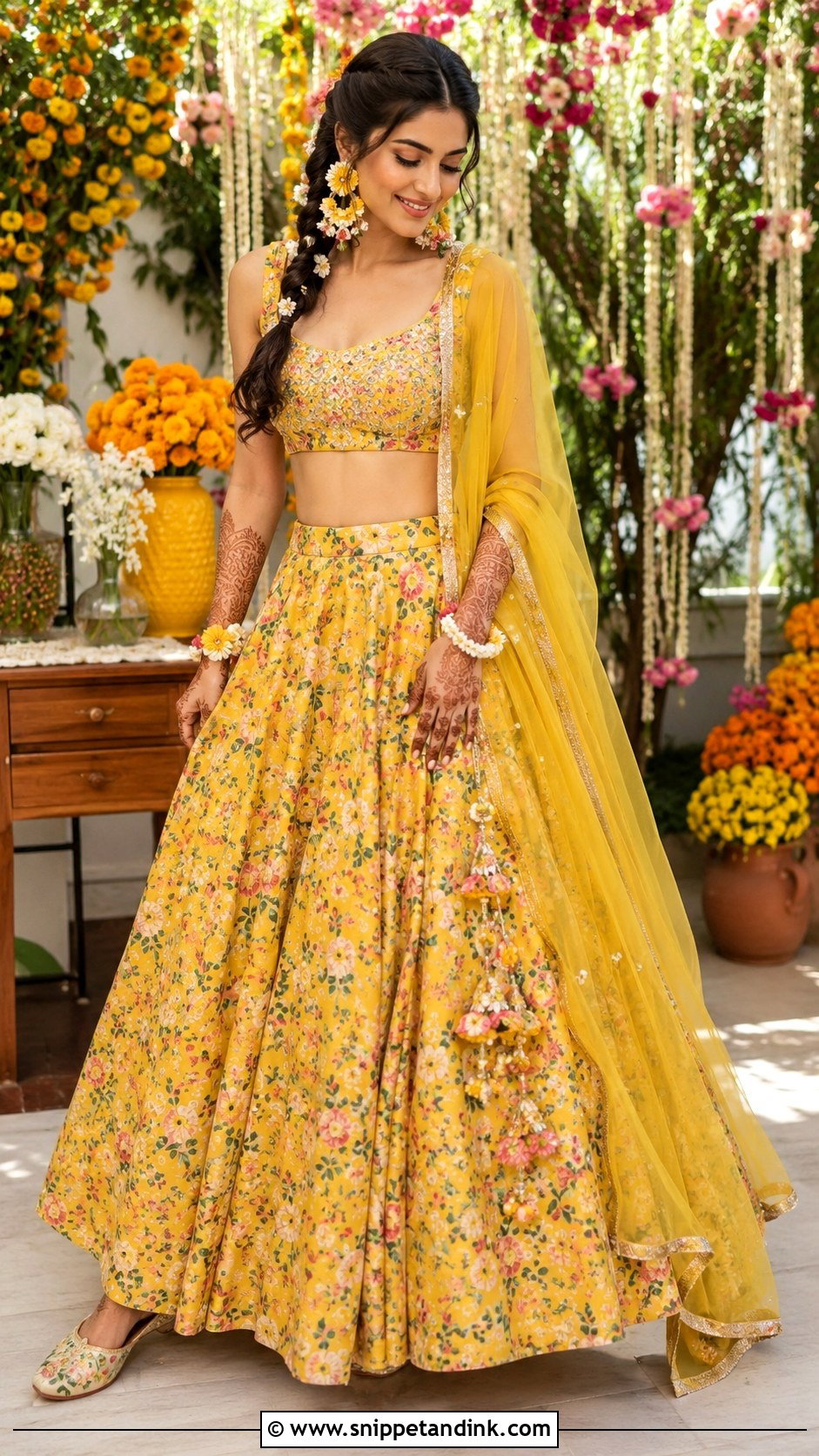 Yellow Floral Mehndi Lehenga - Snippet and Ink - 20 Bride Mehndi Dress Ideas