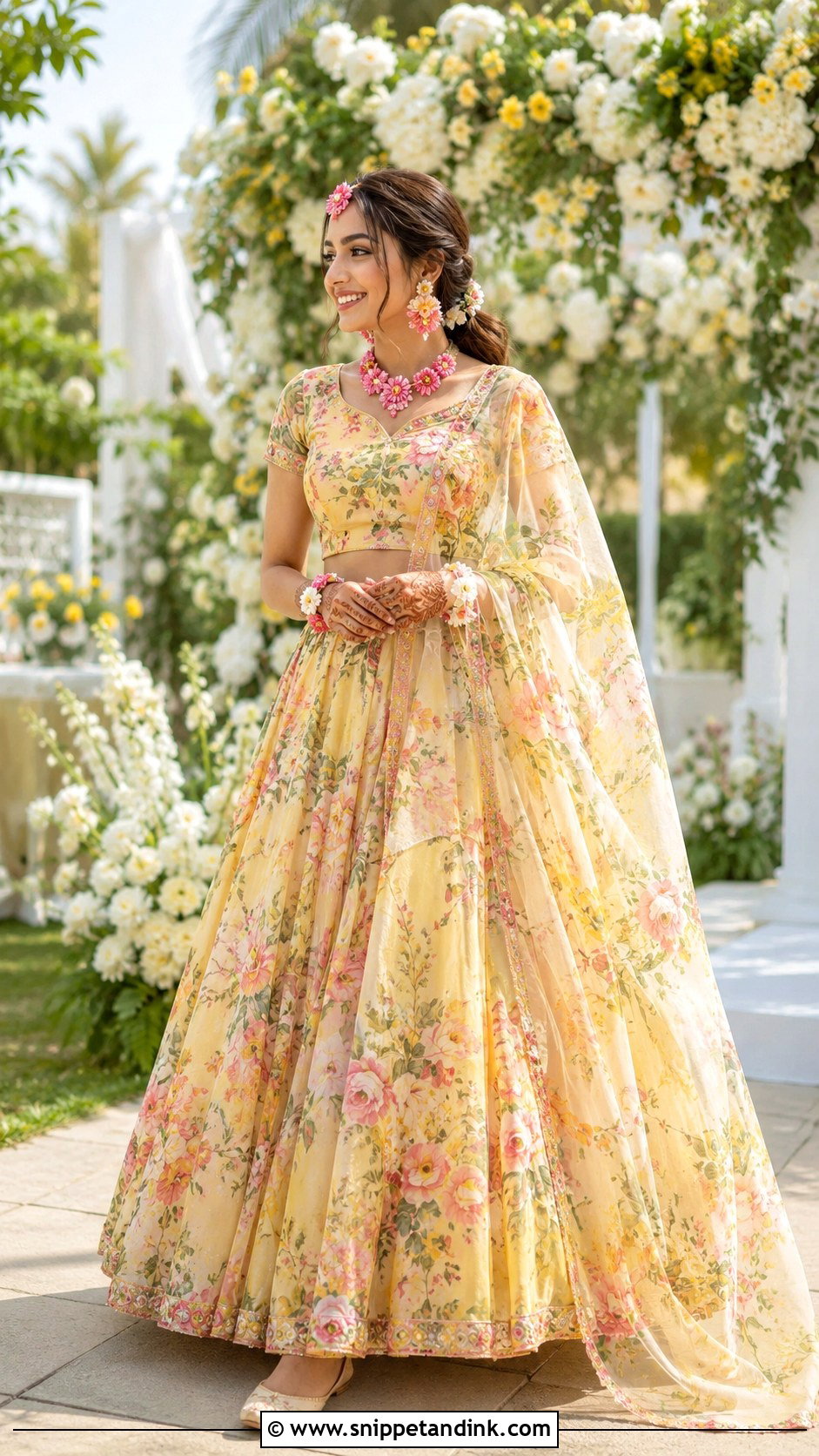 Yellow Floral Mehndi Lehenga - Snippet and Ink - 20 Mehndi Ceremony Outfit for Bride Ideas