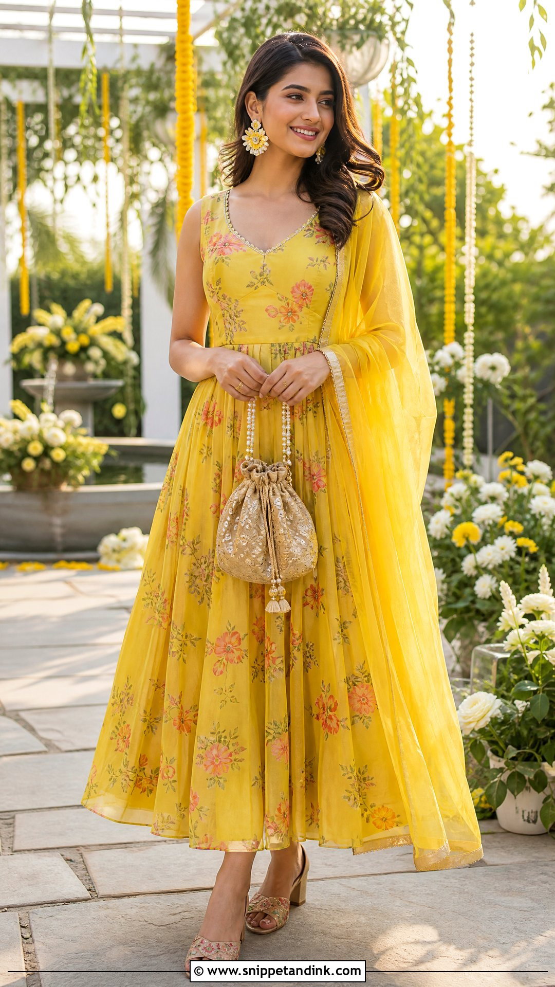Yellow Floral Midi Dress With Dupatta - Snippet and Ink - 25 Simple Yellow Dress for Haldi Function Ideas