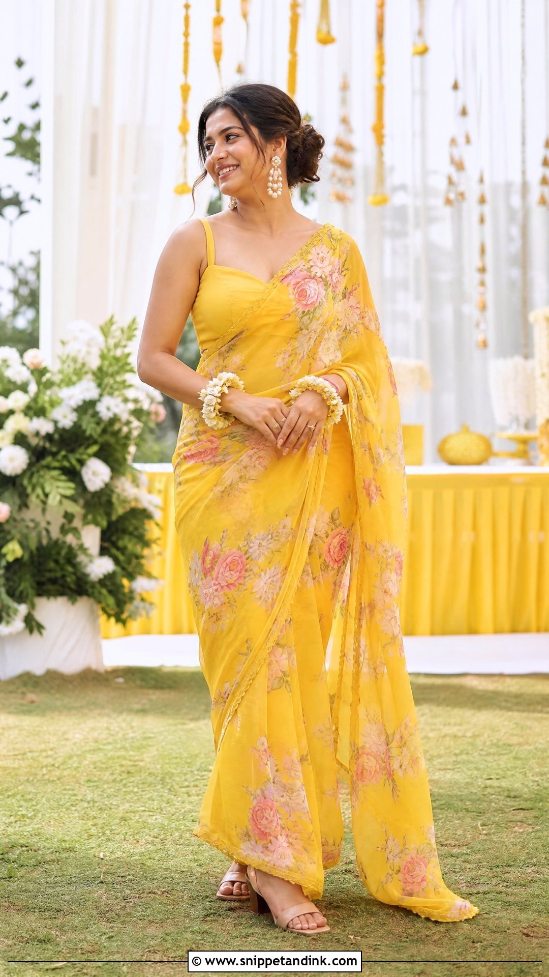 Yellow Floral Saree Haldi Outfit - Snippet and Ink - 25 Haldi Mehendi Outfit Ideas