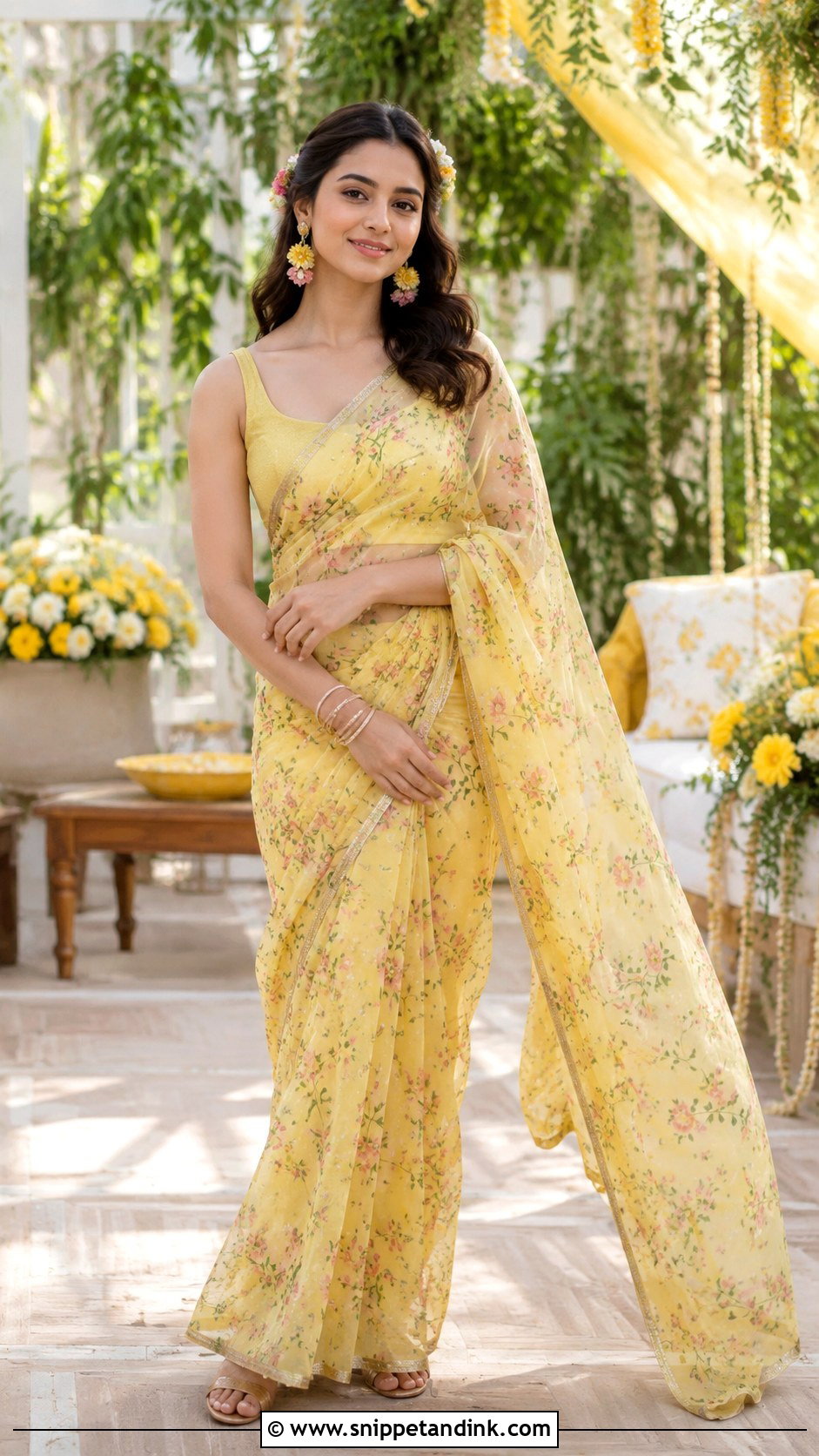 Yellow Floral Saree Haldi Outfit - Snippet and Ink - 20 Alia Bhatt Haldi Outfit Ideas