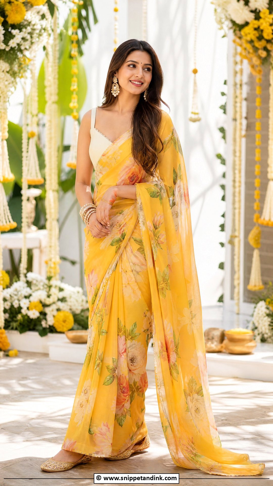 Yellow Floral Saree Haldi Outfit - Snippet and Ink - 35 Haldi Outfit Ideas