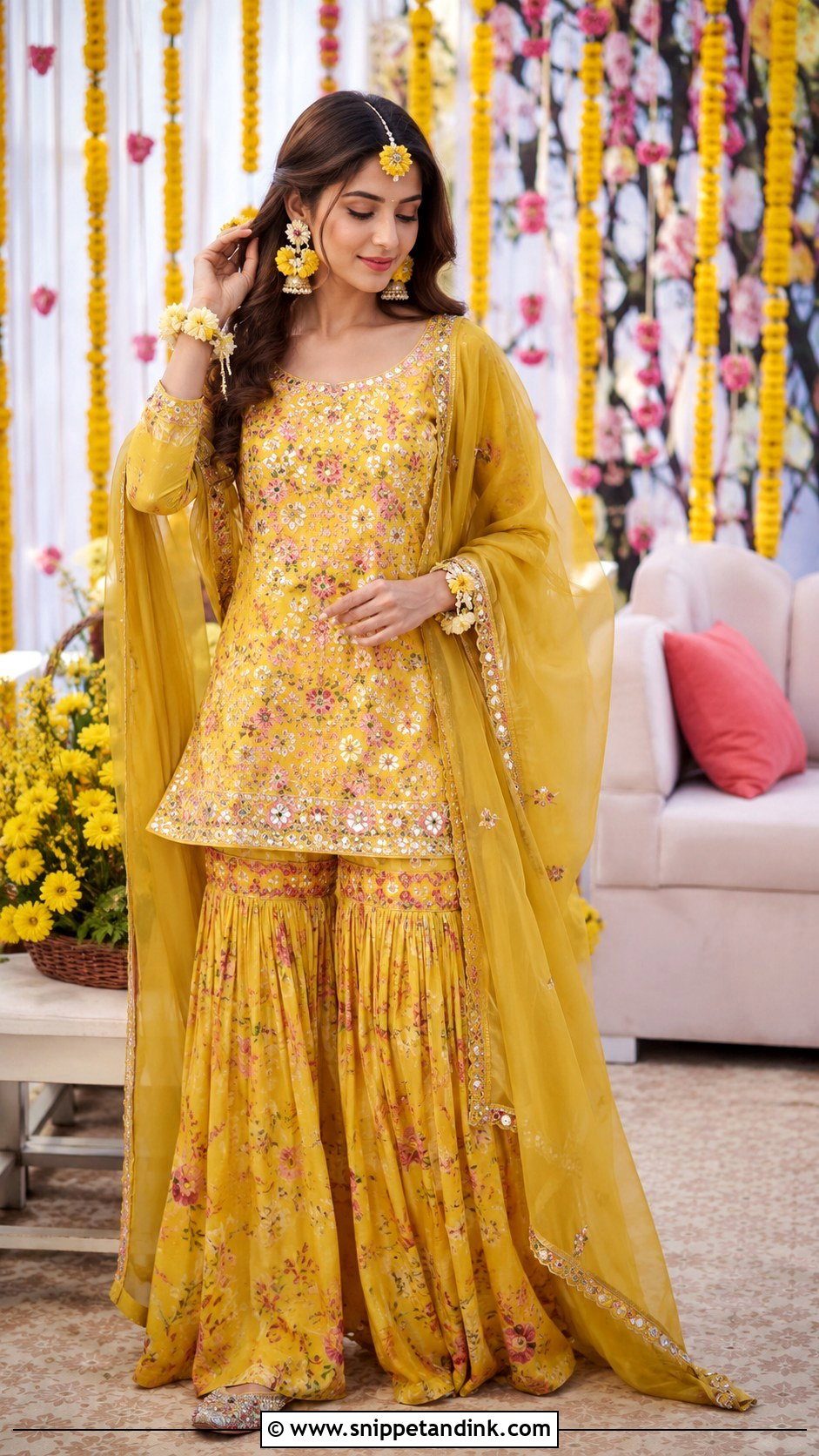 Yellow Floral Sharara For Mehndi Night - Snippet and Ink - 20 Mehndi Night Outfit Ideas