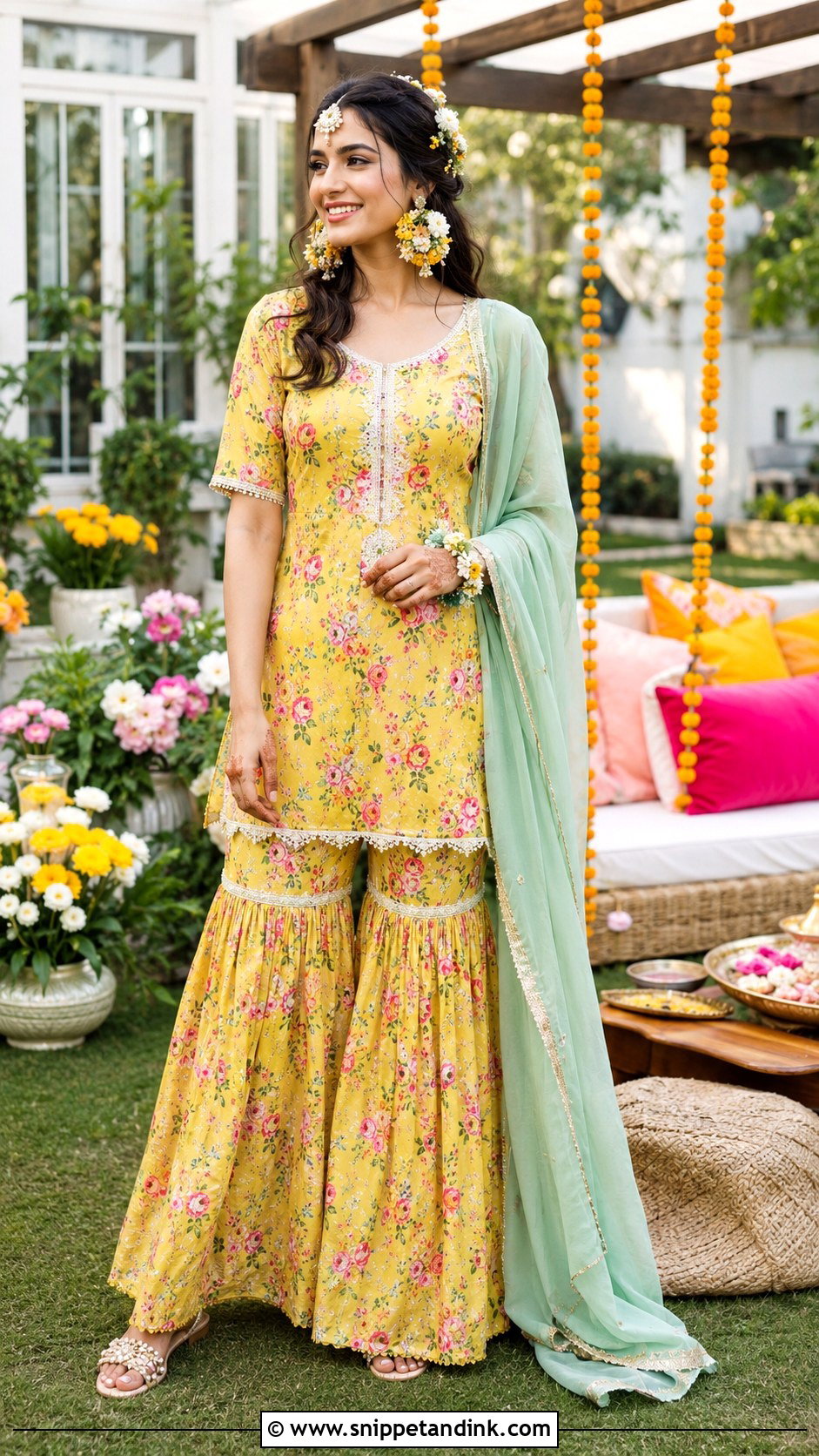 Yellow Floral Sharara Mehendi Dress - Snippet and Ink - 20 Bridal Mehendi Dress Ideas