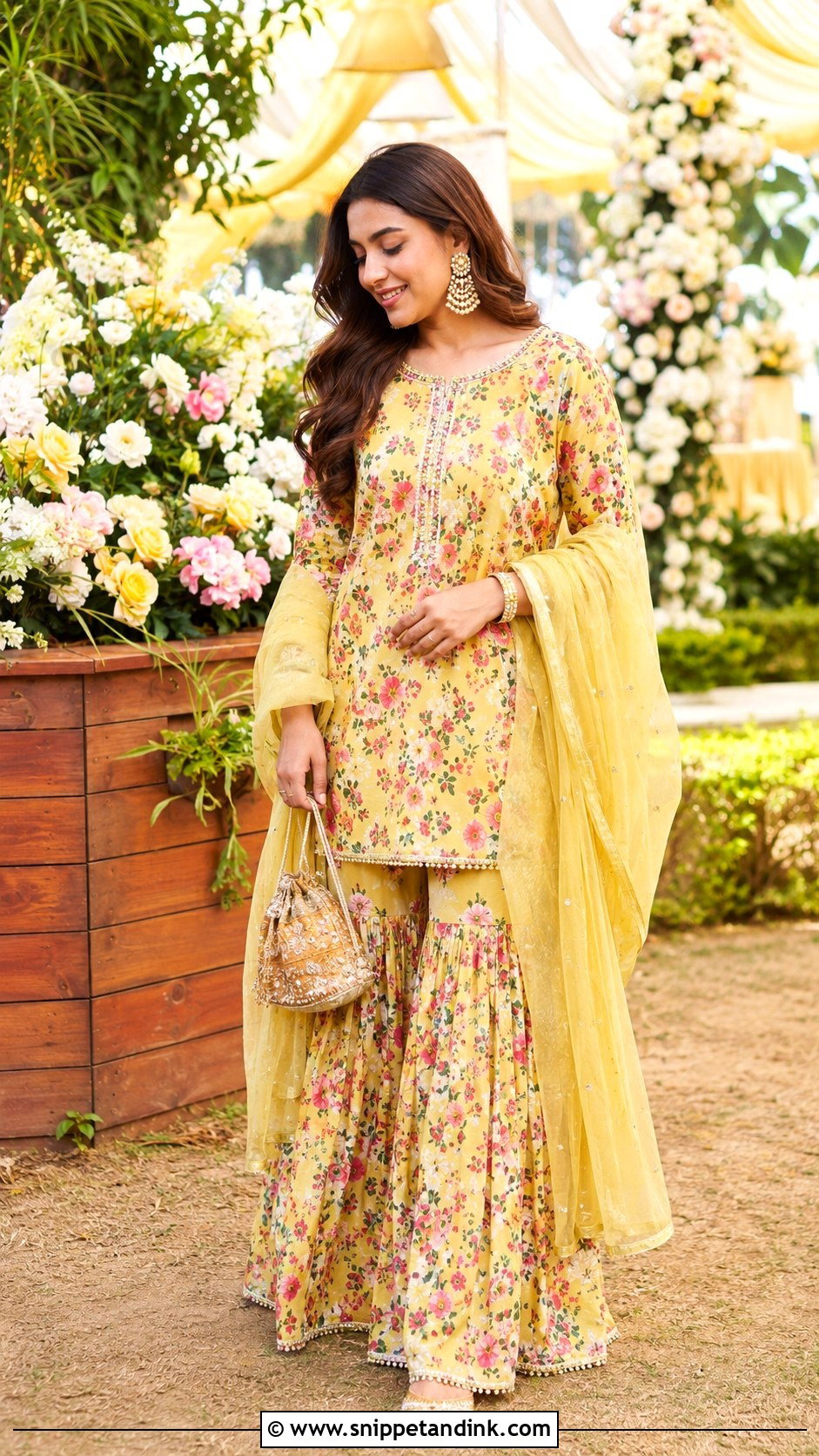 Yellow Floral Sharara Mehendi Outfit - Snippet and Ink - 20 Indian Wedding Mehendi Outfits