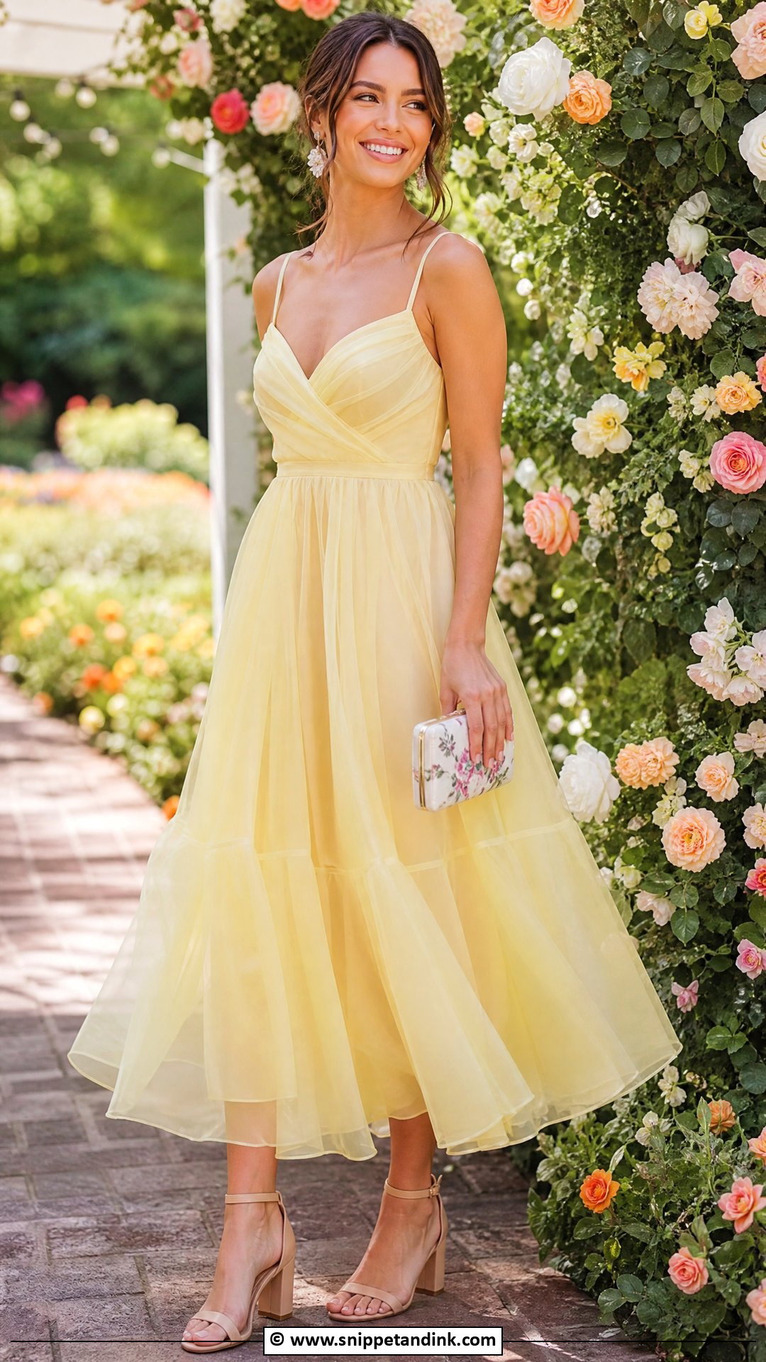 Yellow Garden Wedding Dress With Floral Clutch - Snippet and Ink - 30 Yellow Wedding Dress Ideas