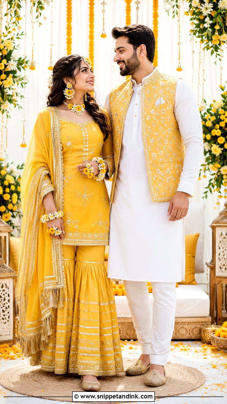 Yellow Gharara And White Kurta Haldi Couple Outfit - Snippet and Ink - 25 Haldi Couple Outfits