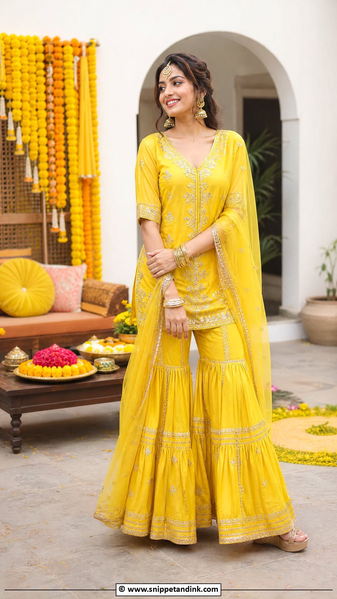Yellow Gharara With Gota Patti - Snippet and Ink - 35 Mehndi Dress Ideas
