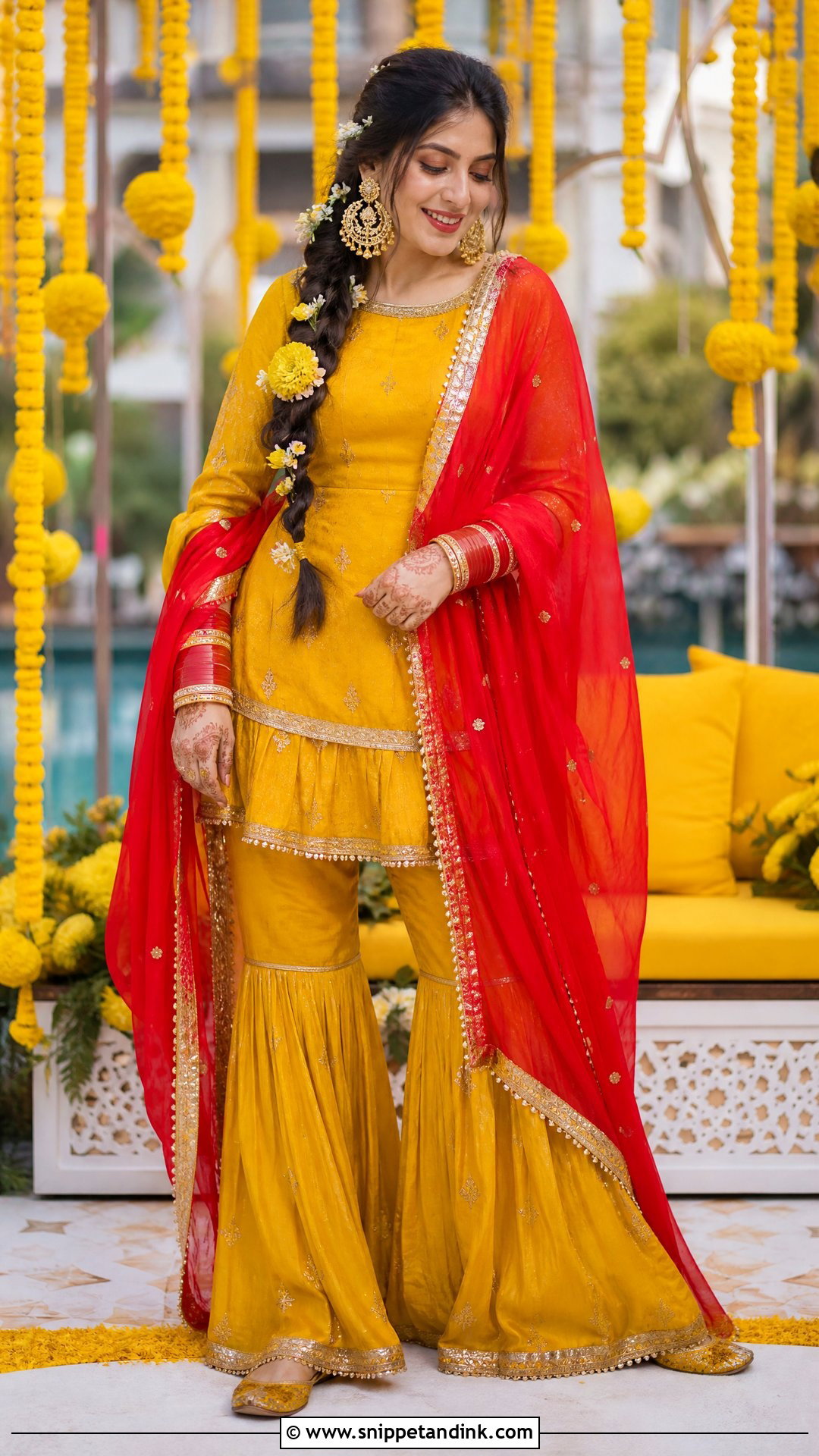Yellow Gharara With Red Dupatta - Snippet and Ink - 20 Yellow Contrast Color Dress for Haldi Ideas
