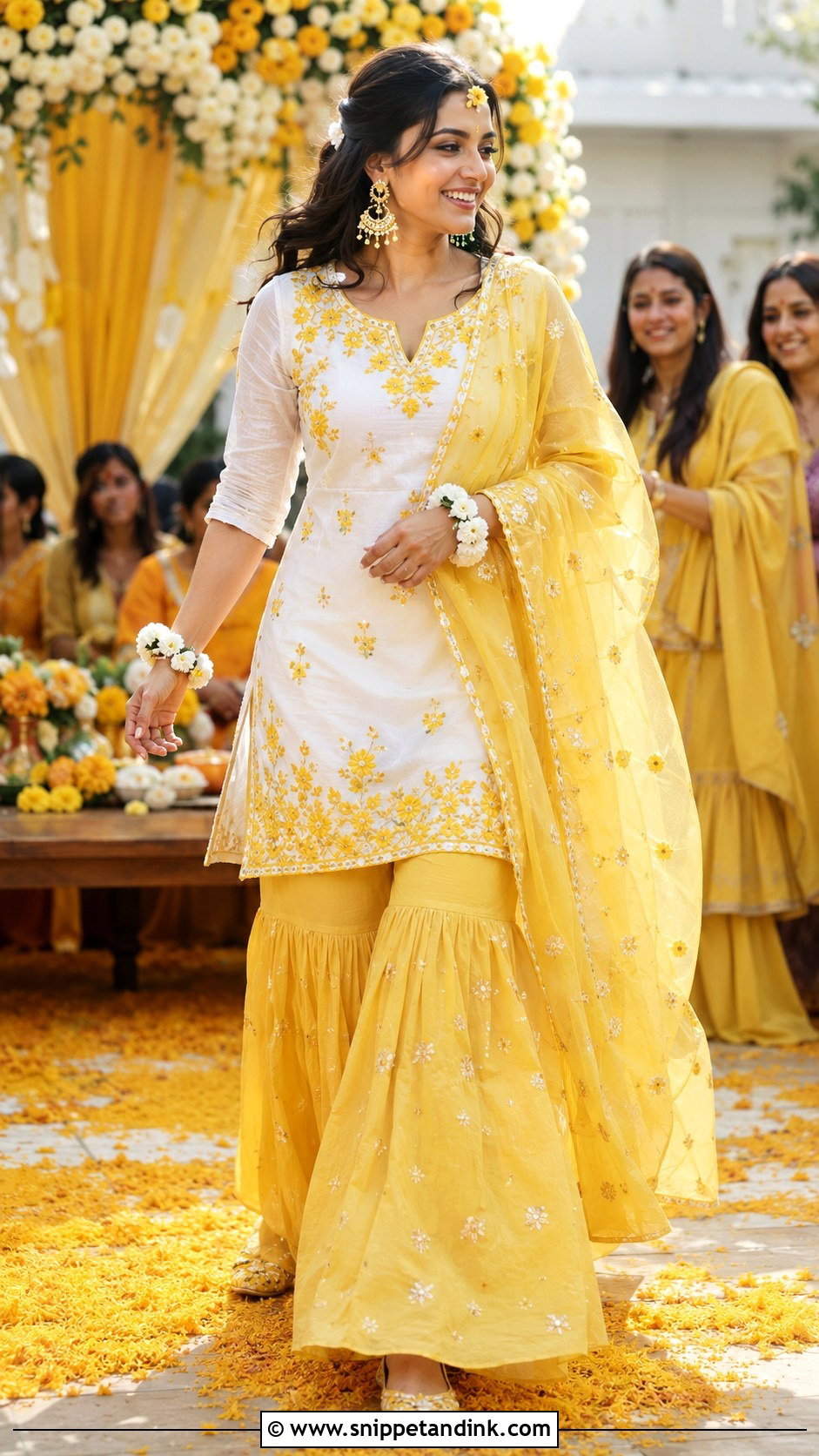 Yellow Gharara With White Short Kurta - Snippet and Ink - 20 White and Yellow Haldi Outfit Ideas